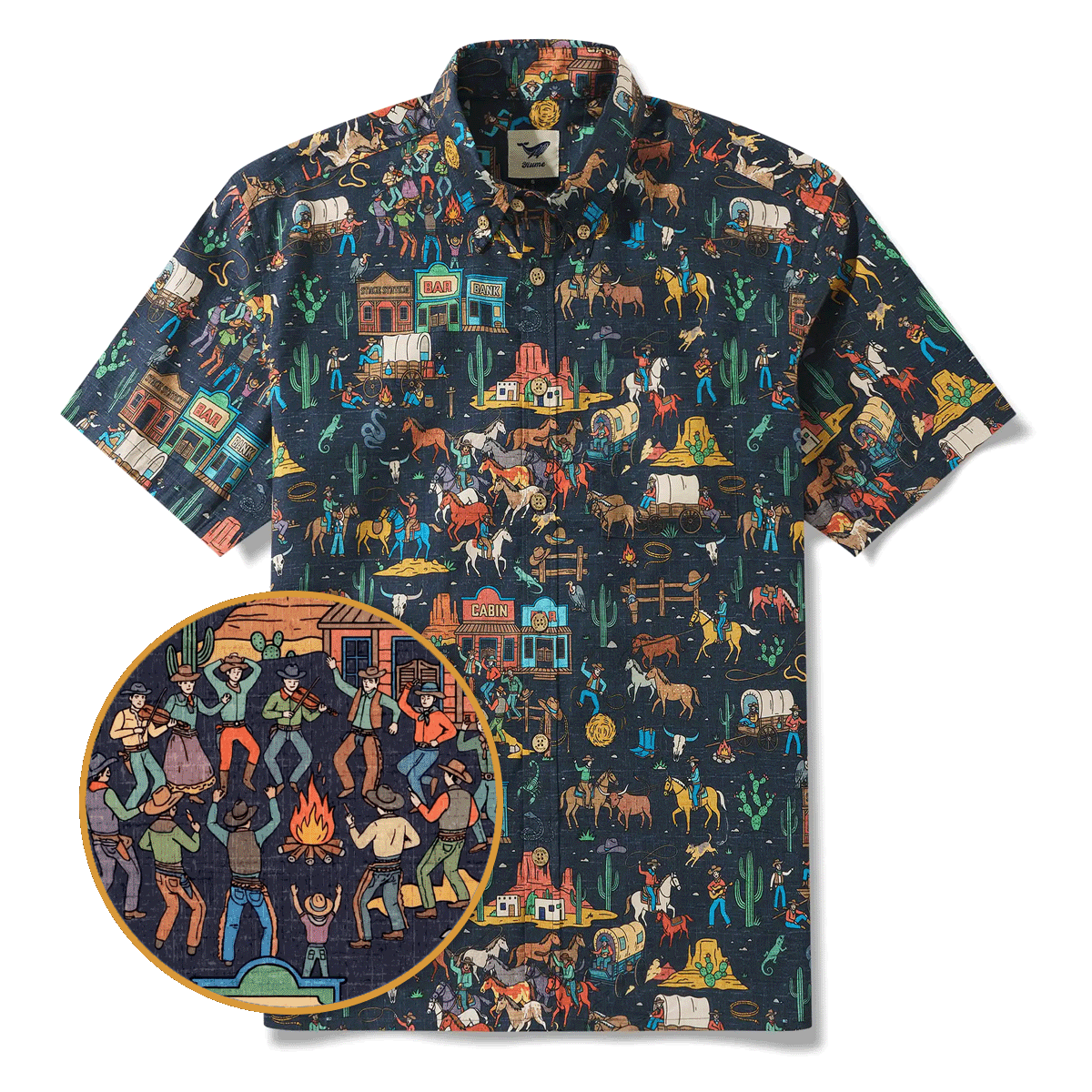 Men's Hawaiian Shirt Short Sleeve Button-down 100% Cotton Blue Aloha Vintage Denim Frontier Town By Huan huan