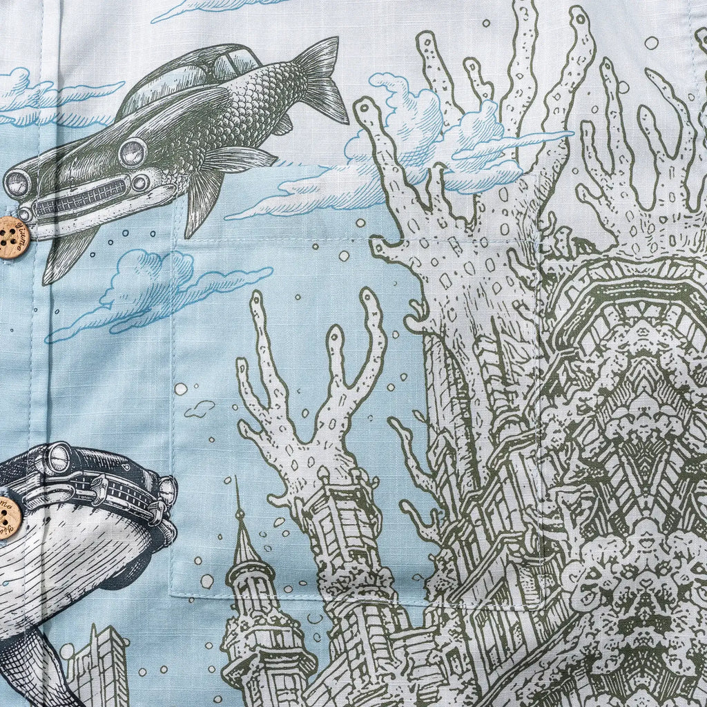 Men's Hawaiian Shirt Short Sleeve Button-down 100% Cotton Blue Aloha Atlantis Coral Cruisers By Cigar