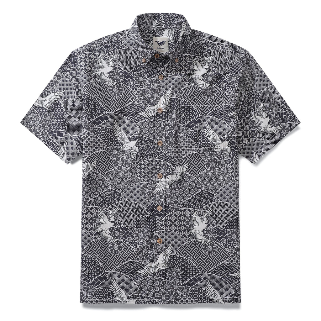 Gray Crane Shirt For Men Cotton Hawaiian Shirt Fun Aloha Shirt Button-down Short Sleeve Shirt Soaring Crane Auspicious By Sun
