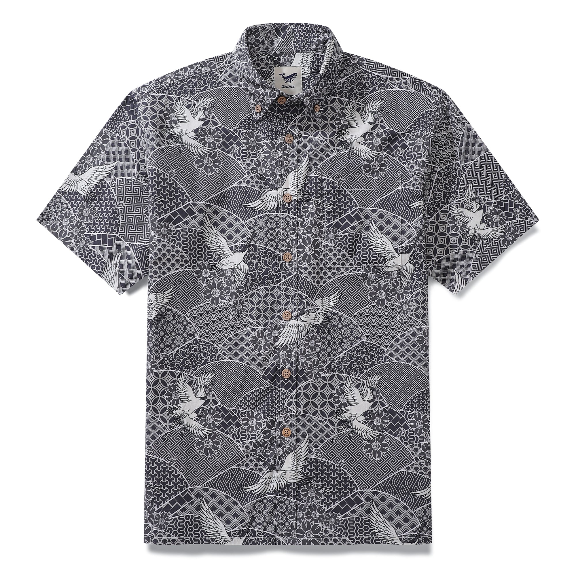 Gray Crane Shirt For Men Cotton Hawaiian Shirt Fun Aloha Shirt Button-down Short Sleeve Shirt Soaring Crane Auspicious By Sun