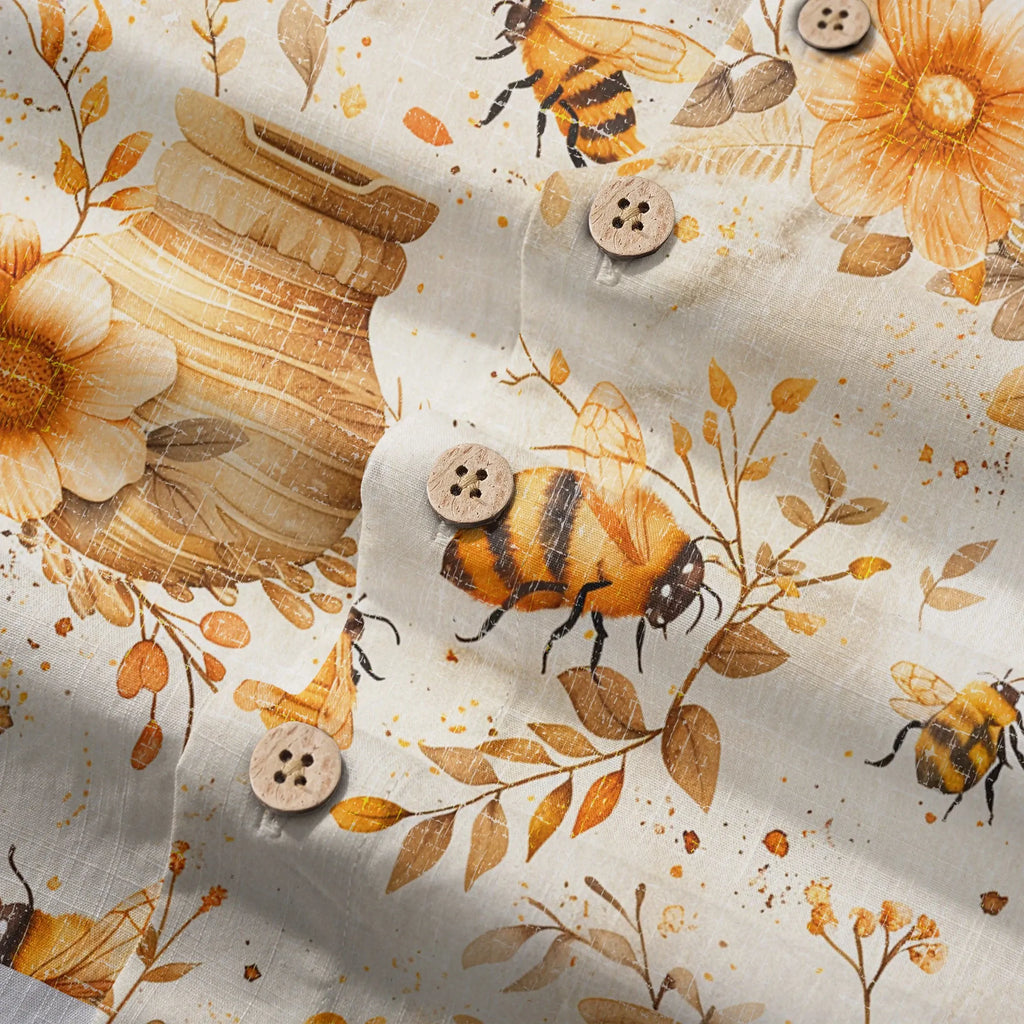 LeosWare® Men's Hawaiian Shirt Short Sleeve Button-up 100% Cotton Yellow Aloha Autumn Harvest In The Honey Garden Bee By Ann