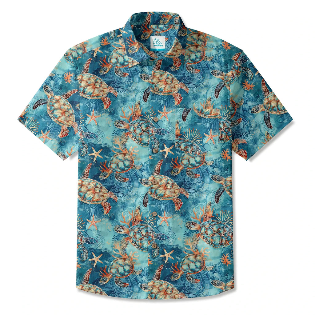 Chemise hawaïenne pour homme LeosWare® à manches courtes avec boutons 100 % coton bleu Aloha tortue dorée mer par Ann