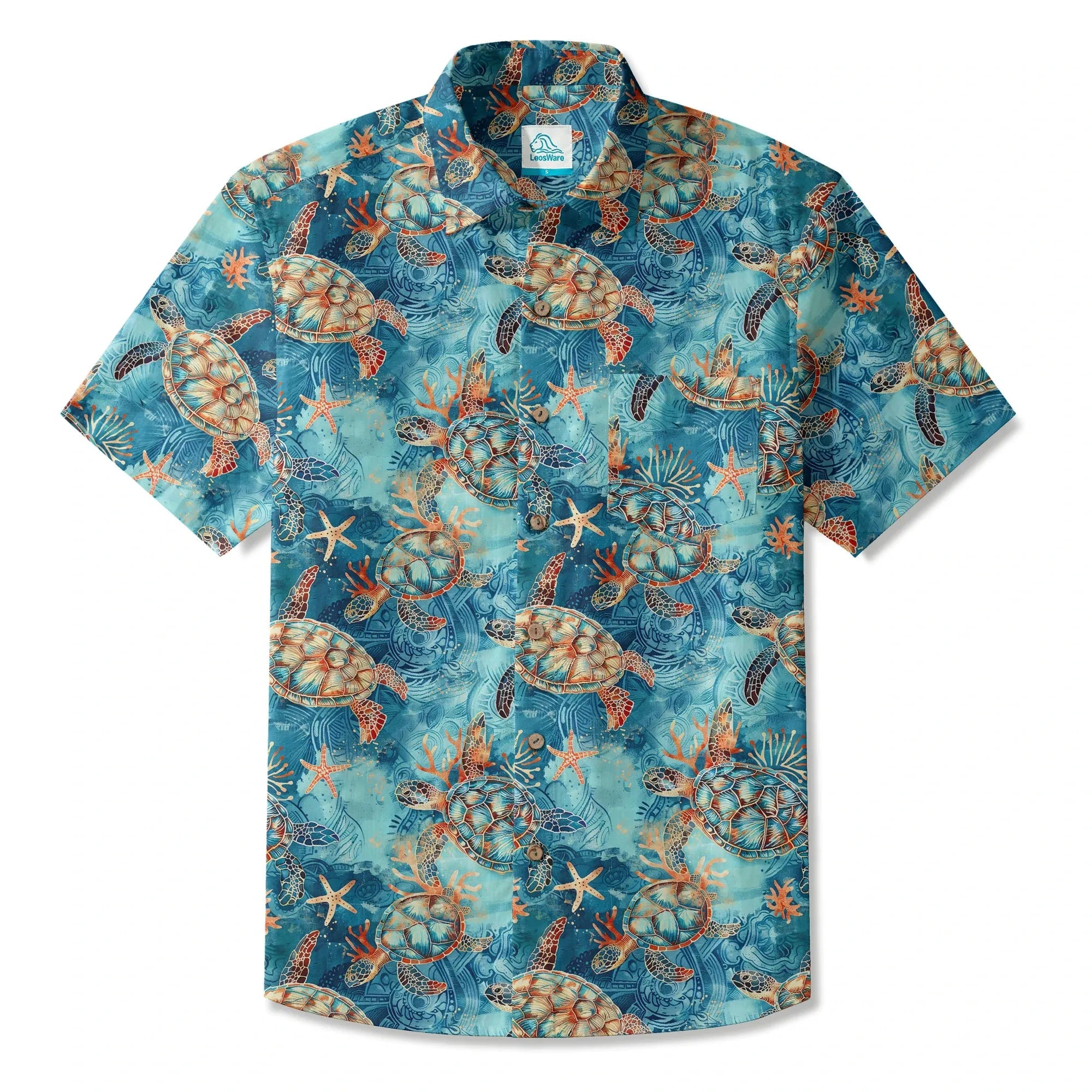 Chemise hawaïenne pour homme LeosWare® à manches courtes avec boutons 100 % coton bleu Aloha tortue dorée mer par Ann