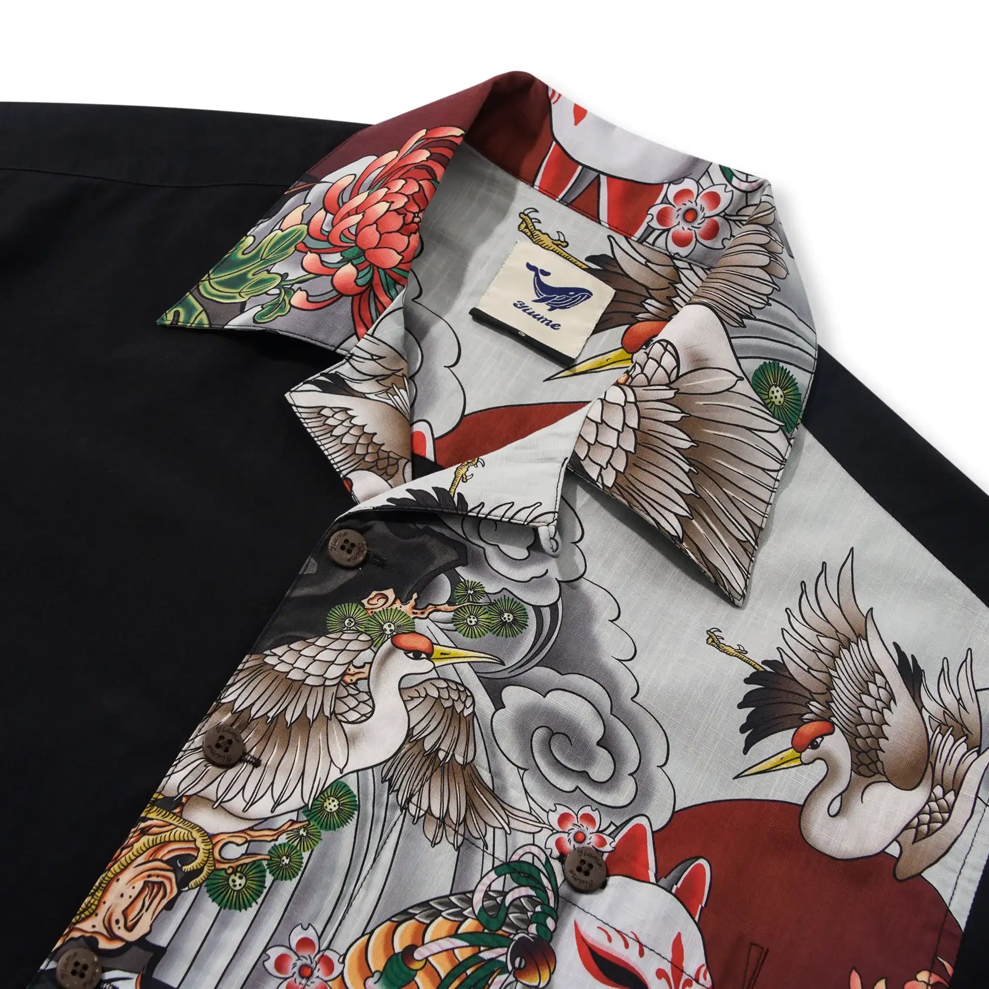 Chemise hawaïenne pour hommes à manches courtes, col camp, 100 % coton, masque Kitsune noir et coq Aloha, le mythe Edo par Huan huan