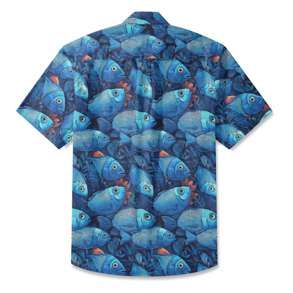 LeosWare® Men's Hawaiian Shirt Short Sleeve Button-up 100% Cotton Blue Aloha Deep Sea Blues Fish School By Ann