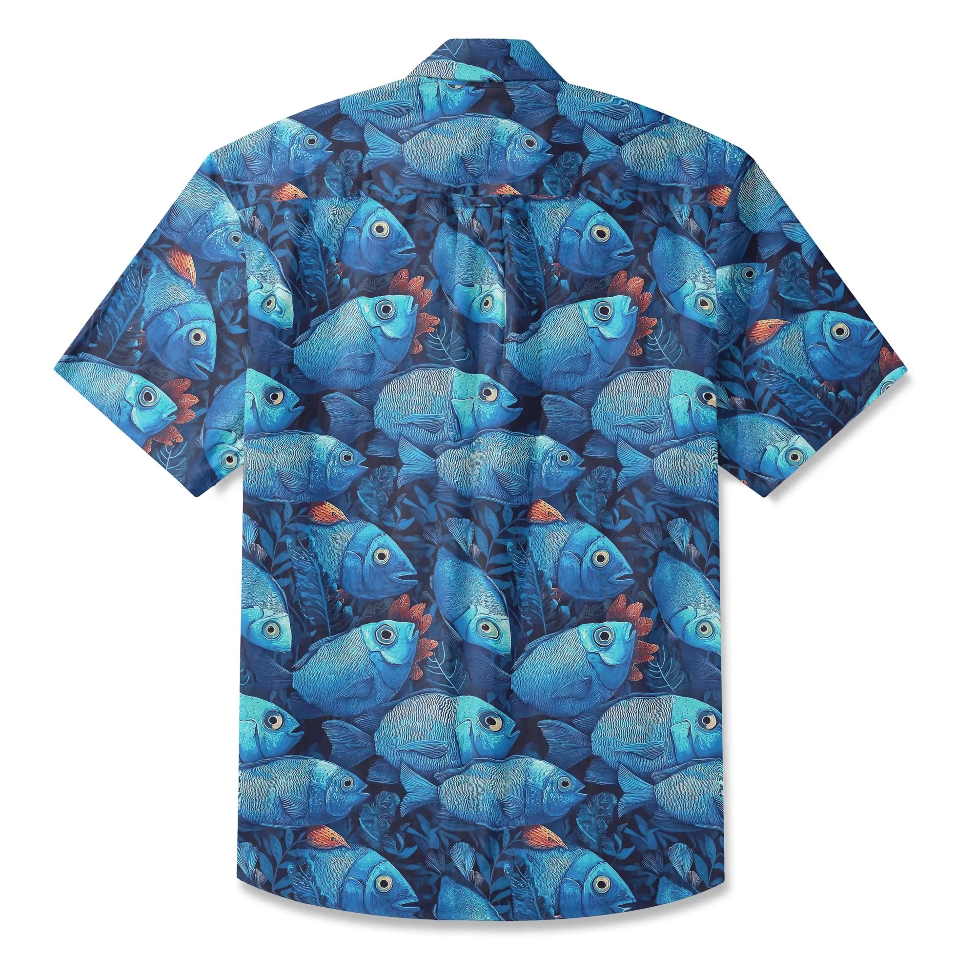 LeosWare® Men's Hawaiian Shirt Short Sleeve Button-up 100% Cotton Blue Aloha Deep Sea Blues Fish School By Ann