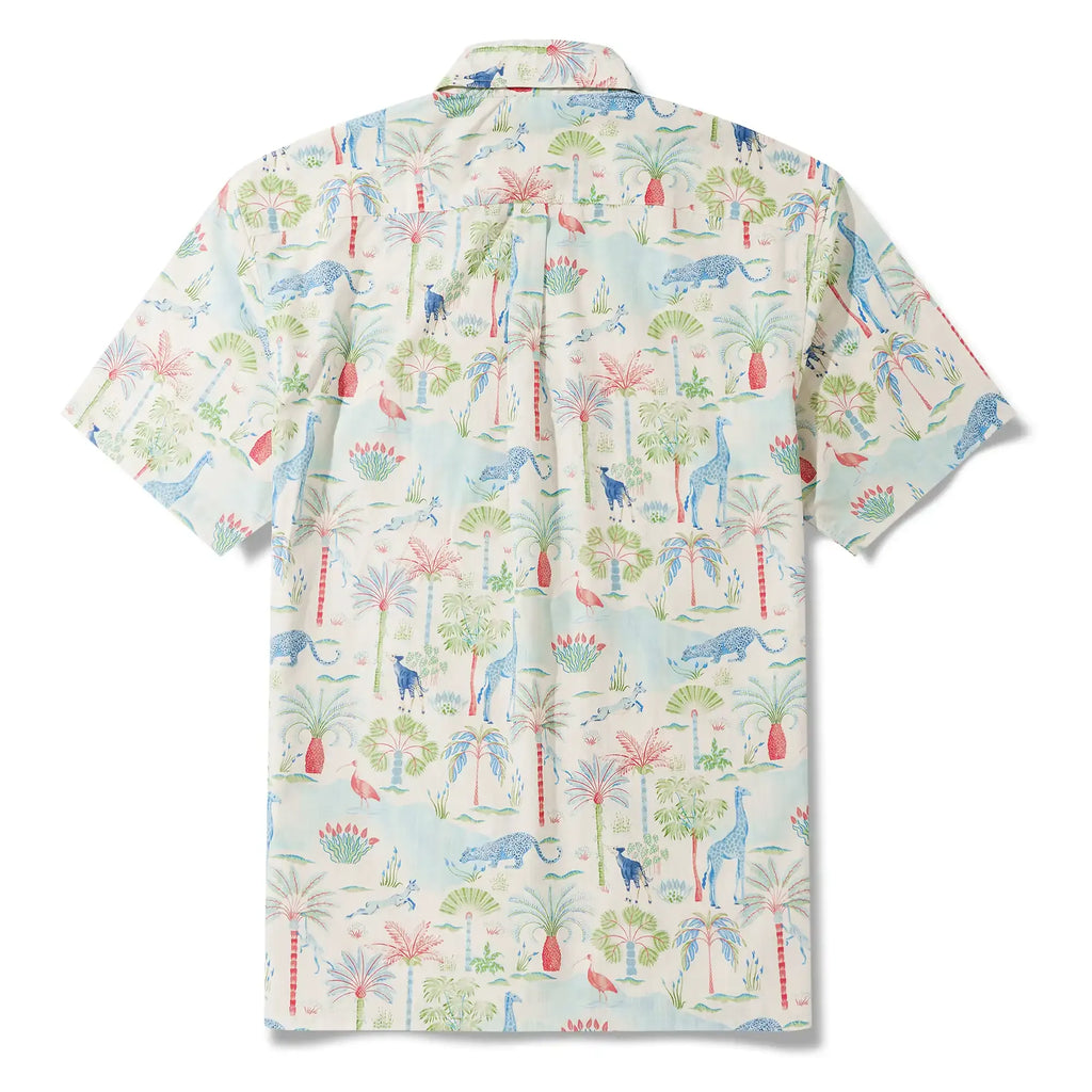 Men's Hawaiian Shirt Short Sleeve Button-down 100% Cotton Beige Aloha Talab Oasis Under The Palm Trees By House of Haricot