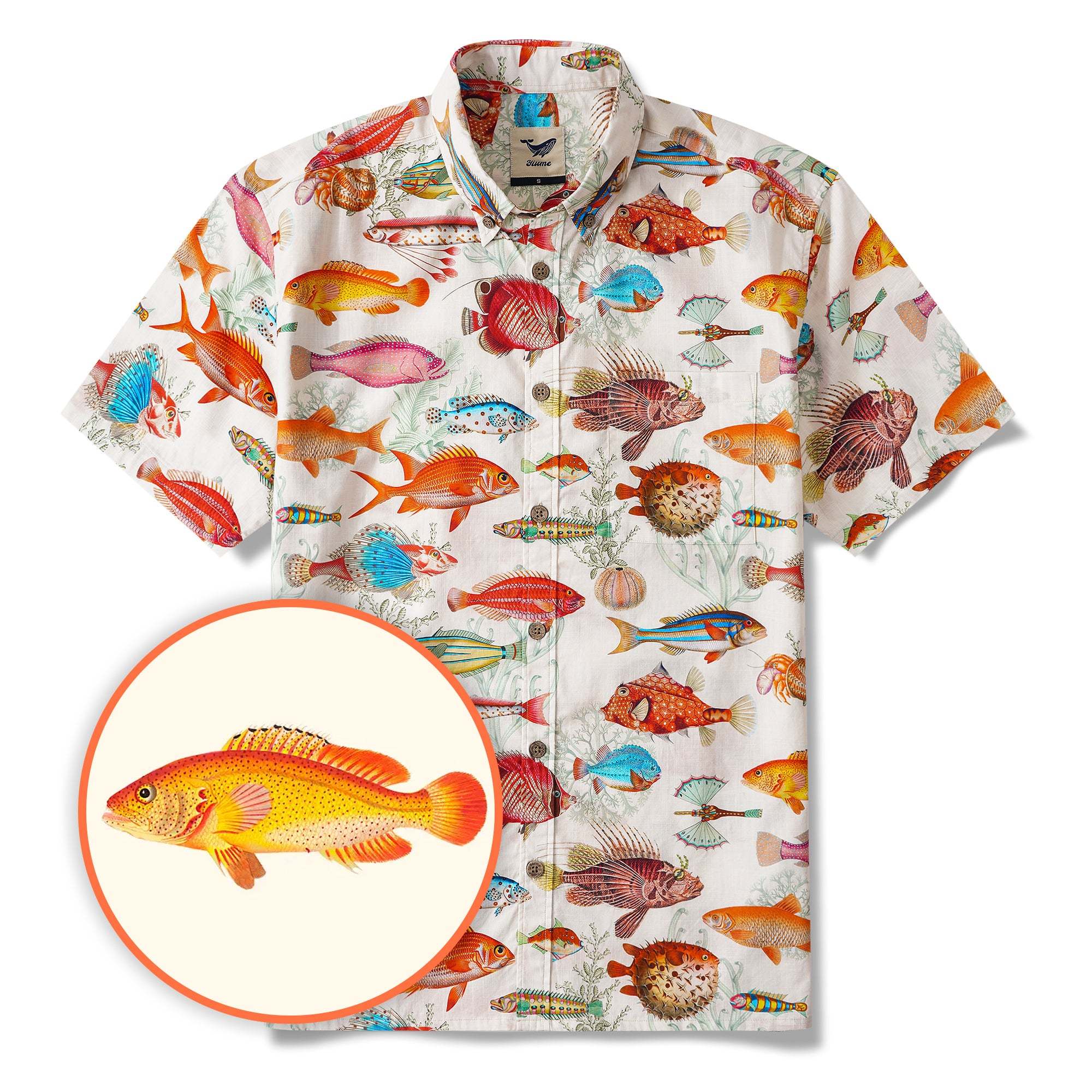 Yiume Men's Tropical Fish Shirt 100% Cotton Hawaiian Shirt Short Sleeve Button-down Beige Aloha Shirt Symphony Of The Sea By Yana