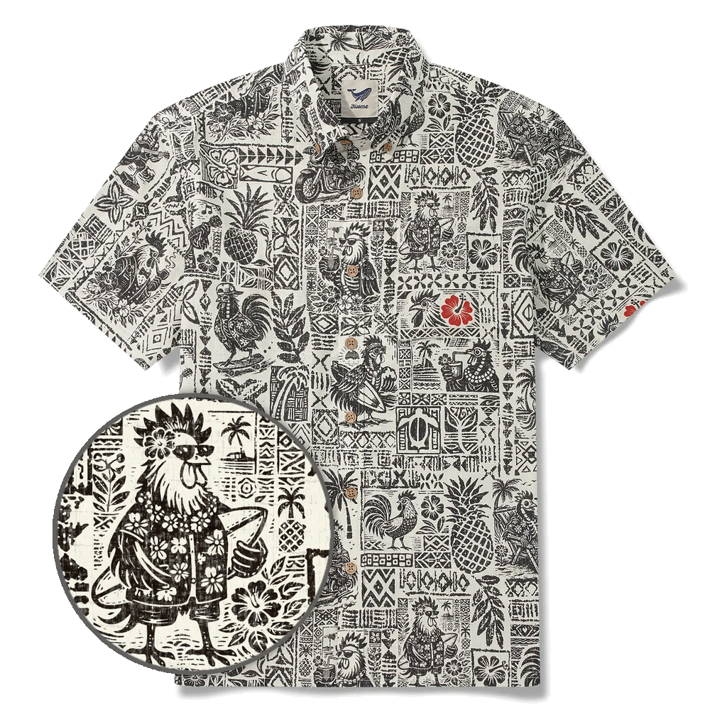 Men's Hawaiian Shirt Short Sleeve Button-down 100% Cotton Black Rooster Aloha The Bone Voyage By Cigar