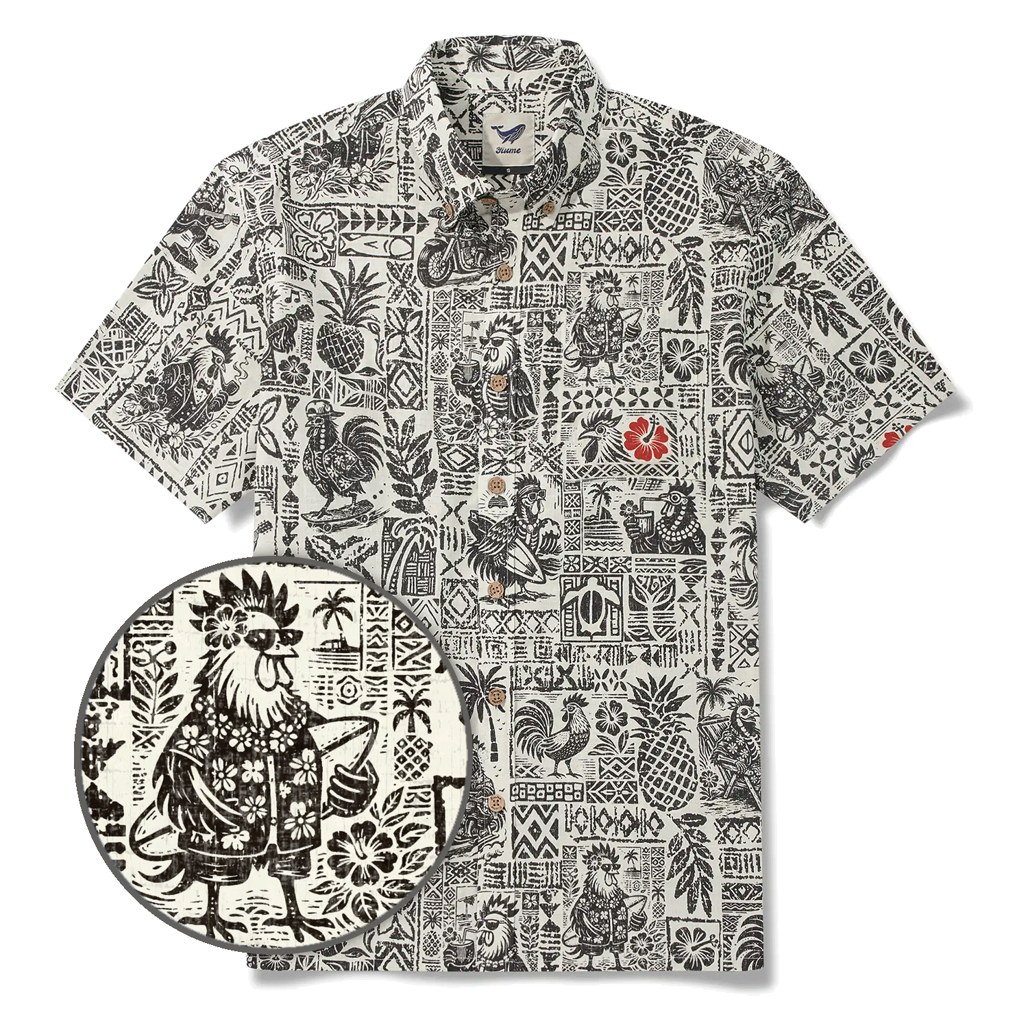 Men's Hawaiian Shirt Short Sleeve Button-down 100% Cotton Black Rooster Aloha The Bone Voyage By Cigar