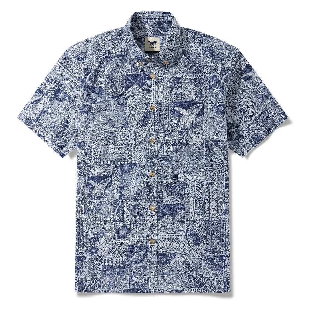 Men's Hawaiian Shirt Short Sleeve Button-down 100% Cotton Blue Aloha Tiki Isle Archive - Navy Blue By Cigar