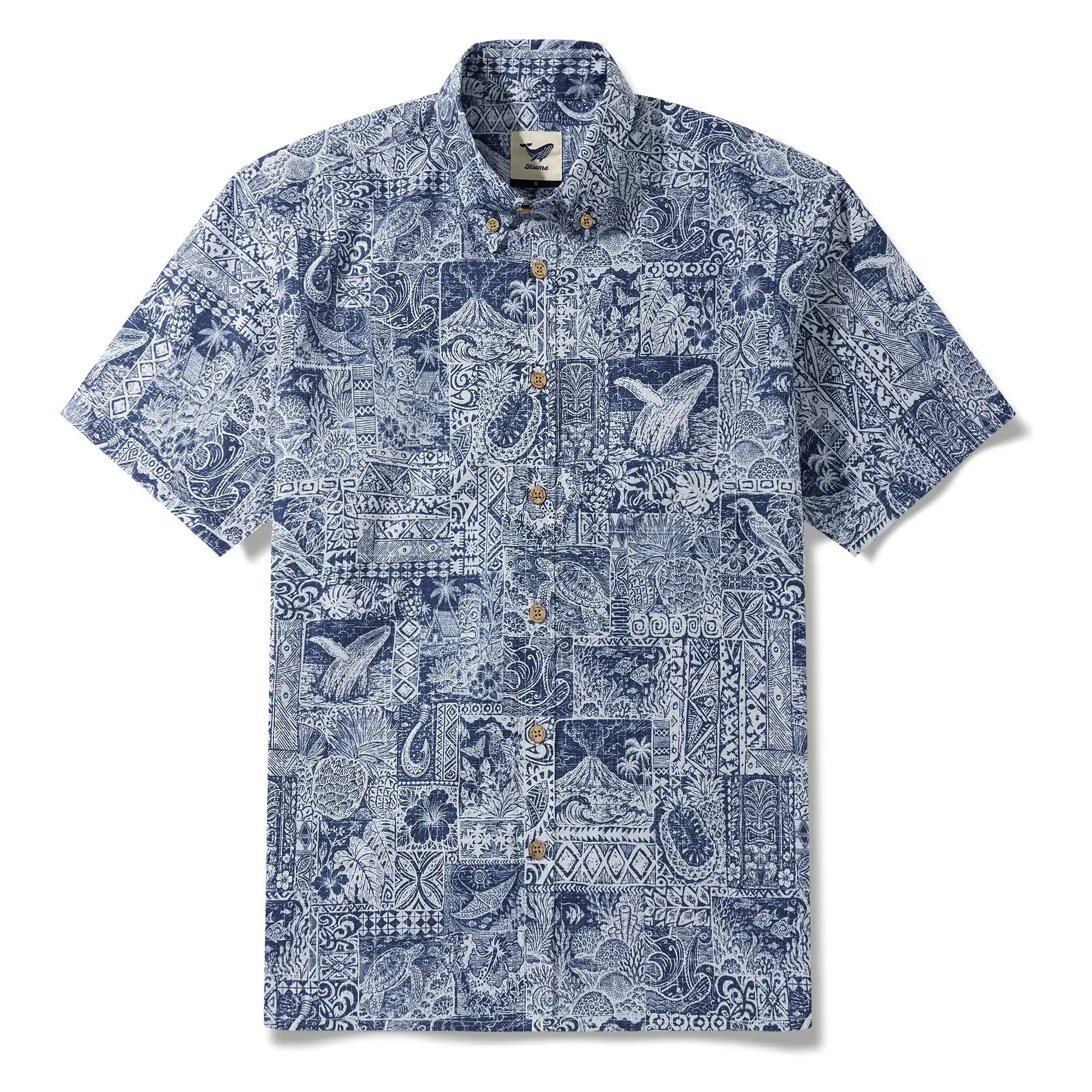 Men's Hawaiian Shirt Short Sleeve Button-down 100% Cotton Blue Aloha Tiki Isle Archive - Navy Blue By Cigar