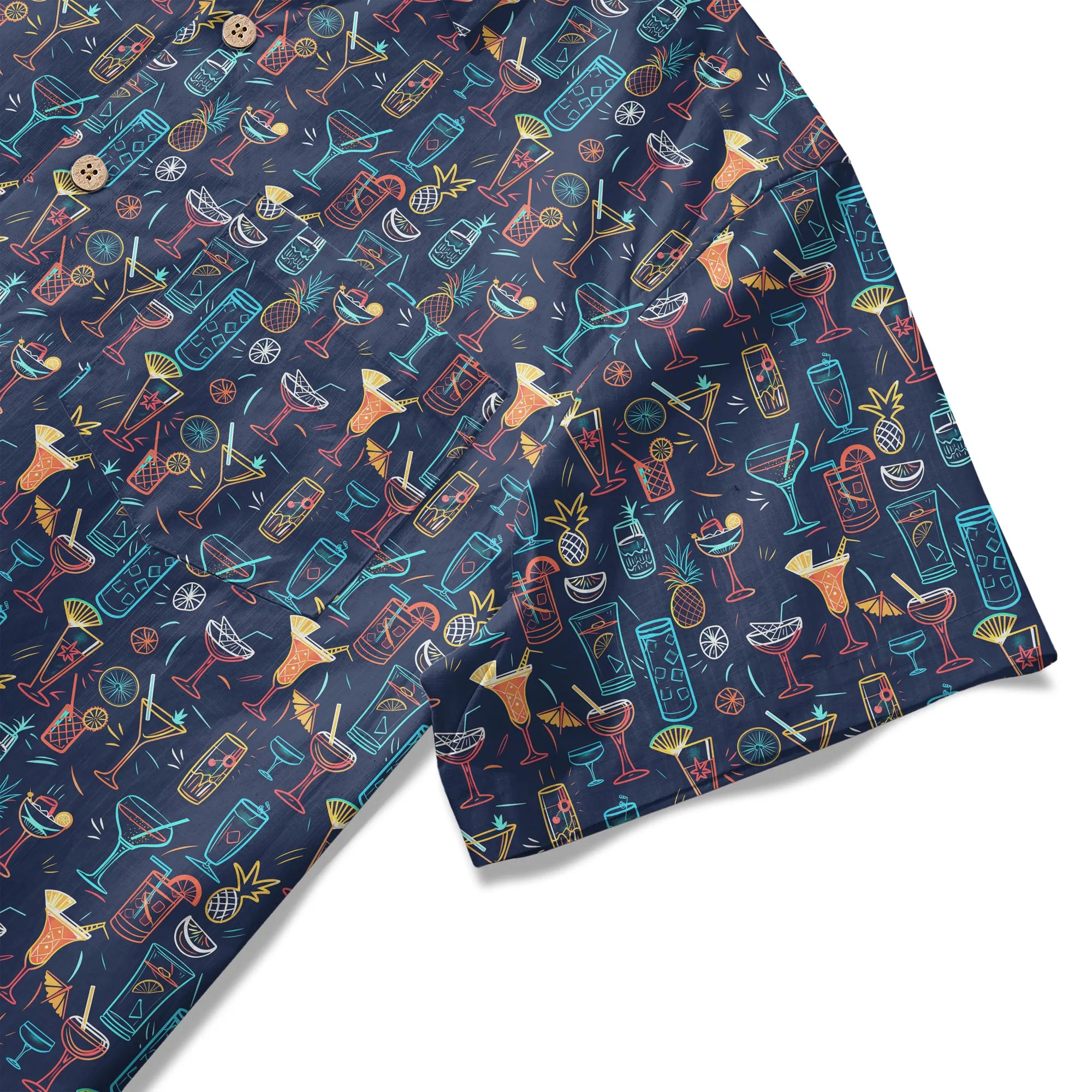 LeosWare® Men's Hawaiian Shirt Short Sleeve Button-up 100% Cotton Blue Aloha Neon Cocktail Night By Ann