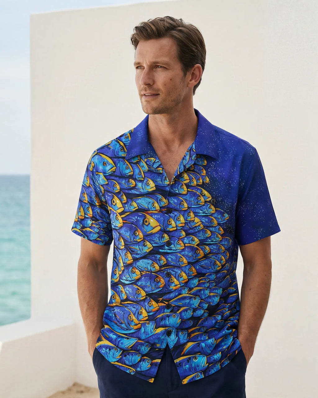 Men's Hawaiian Shirt Short Sleeve Camp Collar 100% Cotton Blue Aloha Ocean Fish Symphony By DUDU