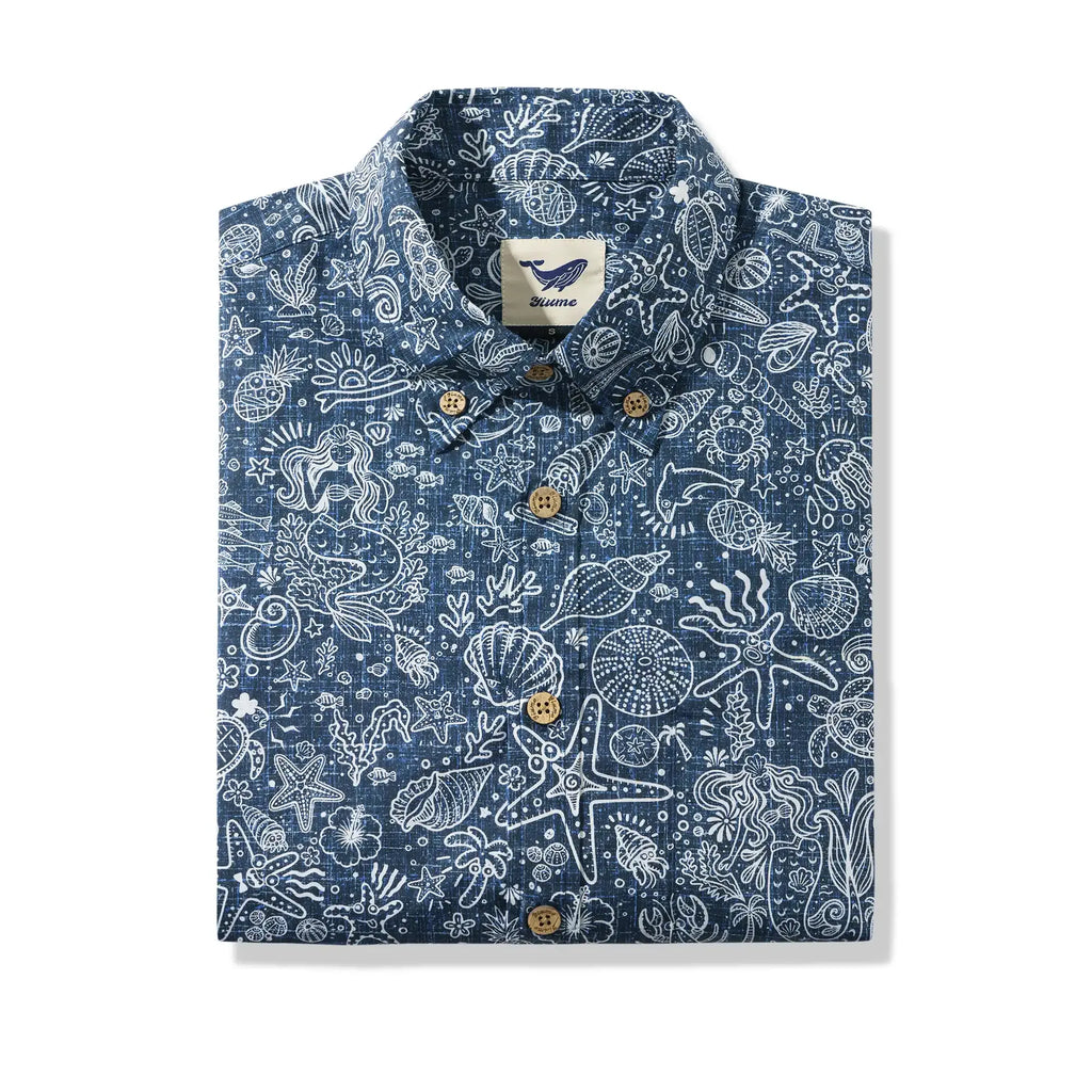 Men's Hawaiian Shirt Short Sleeve Button-down 100% Cotton Beige Aloha Coastal Doodle - Navy Blue By Huan huan