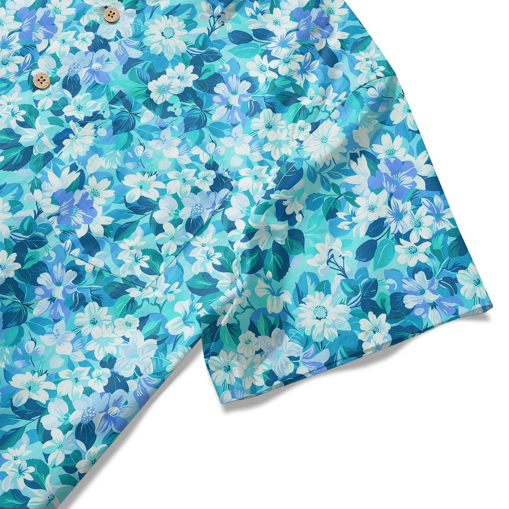 LeosWare® Flower Men's Hawaiian Shirt Short Sleeve Button-up 100% Cotton Blue Aloha Blue Oasis By Ann