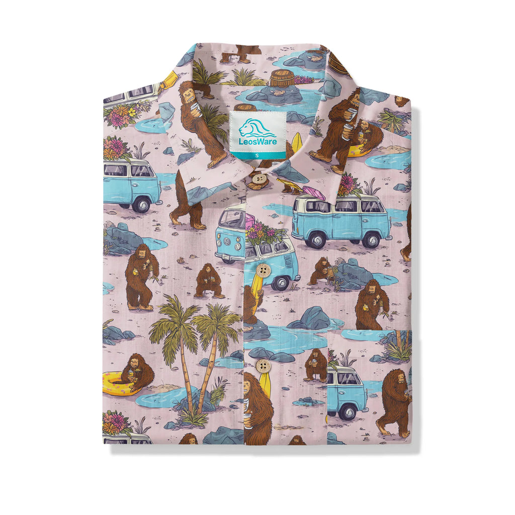 LeosWare® Men's Hawaiian Shirt Short Sleeve Button-up 100% Cotton Aloha Pink Camping With Bigfoot By Ann