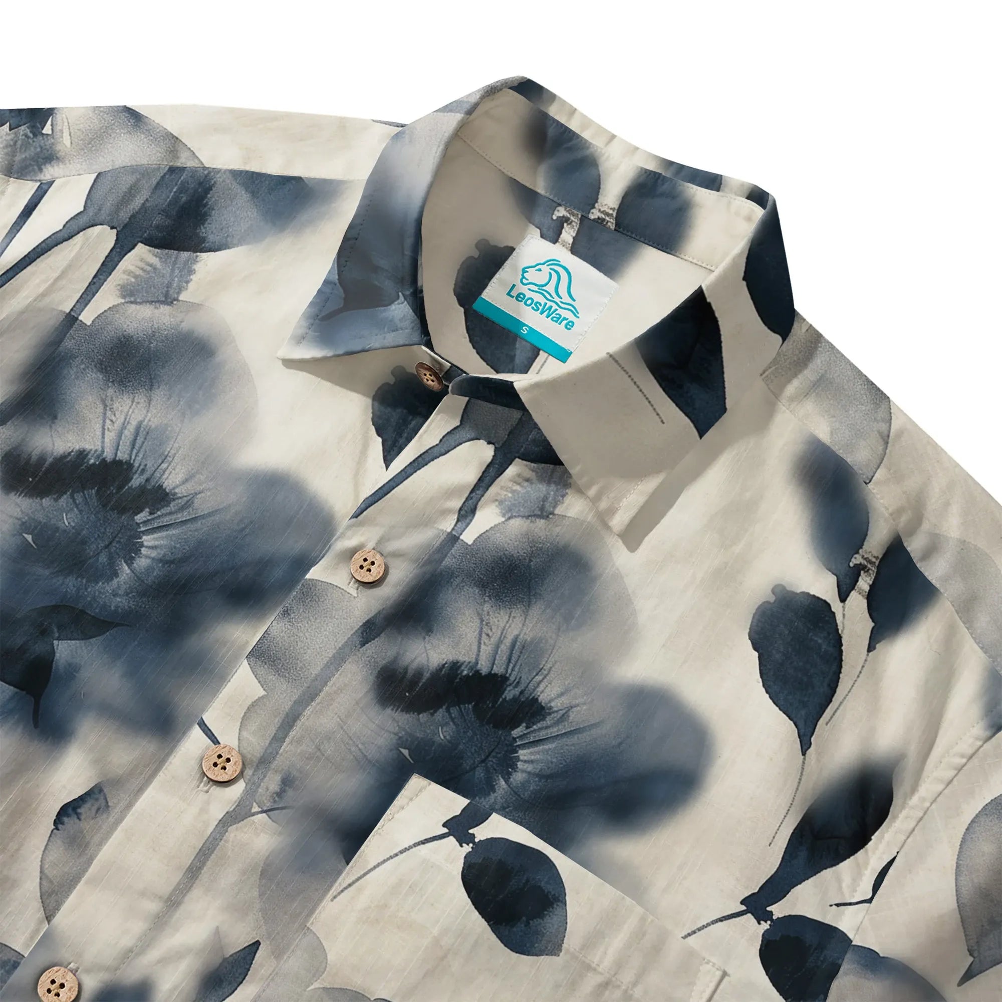 LeosWare® Men's Hawaiian Shirt Short Sleeve Button-up 100% Cotton Blue Aloha Blue And White Ink Charm By Ann