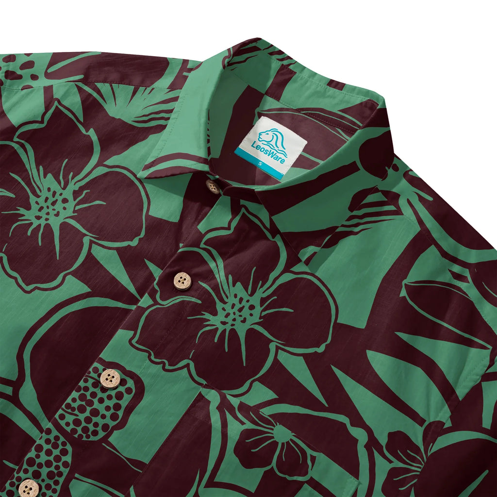 LeosWare® Men's Hawaiian Shirt Short Sleeve Button-up 100% Cotton Green Aloha Impression Of Tropical Plants By Huan huan