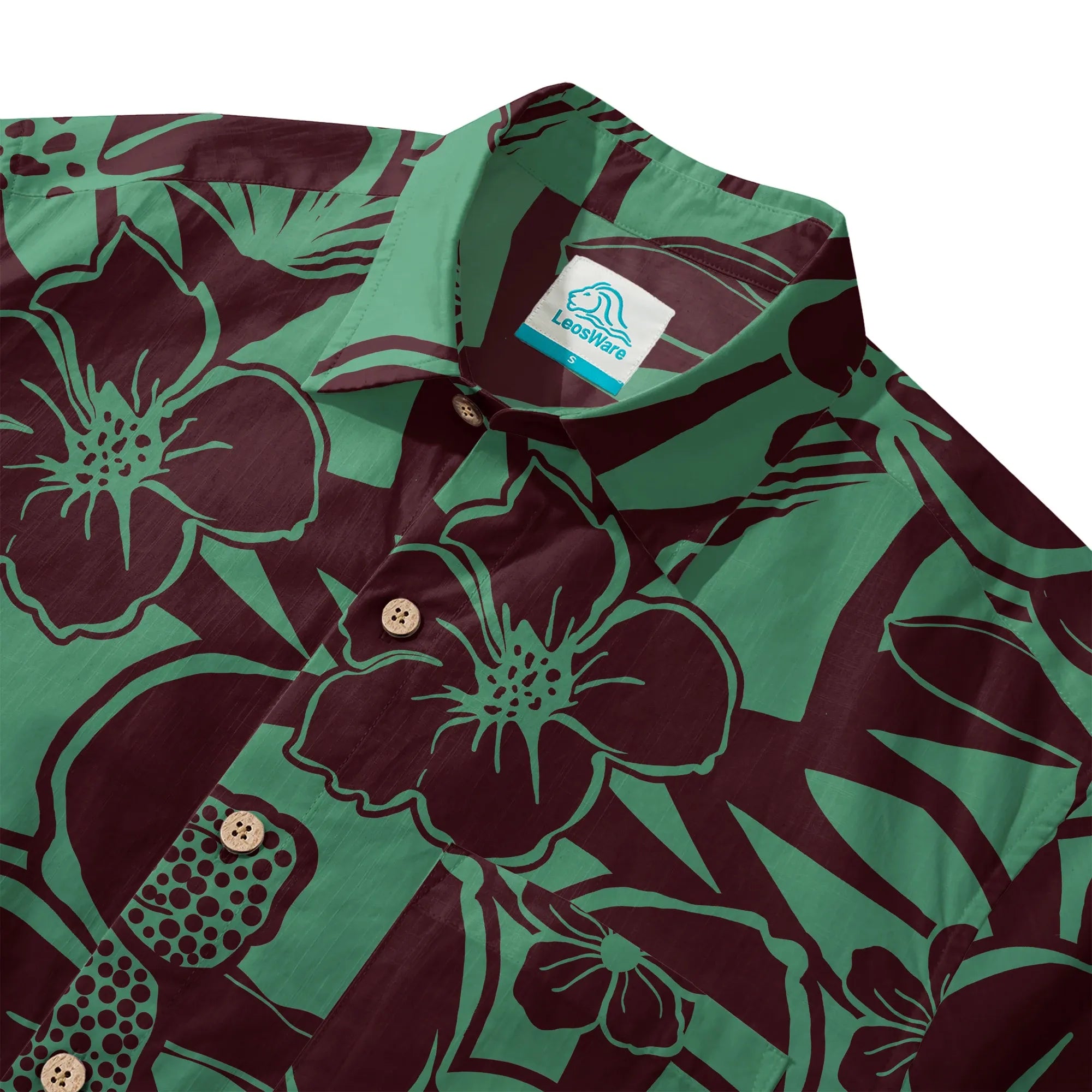 LeosWare® Men's Hawaiian Shirt Short Sleeve Button-up 100% Cotton Green Aloha Impression Of Tropical Plants By Huan huan