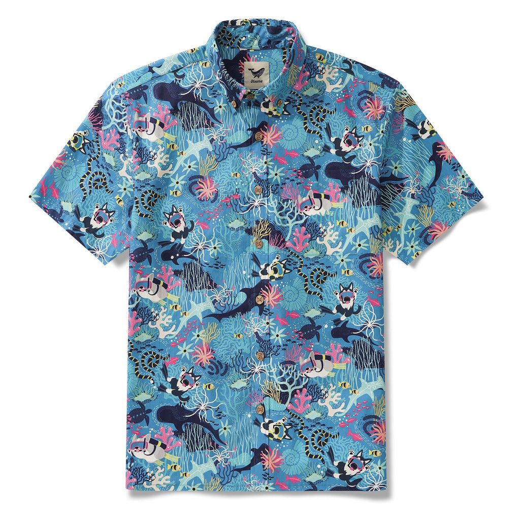 Men's Blue Hawaiian Shirt Fish & Turtle Shirt Short Sleeve Button-down 100% Cotton Blue Aloha Dive Pup By Zeke