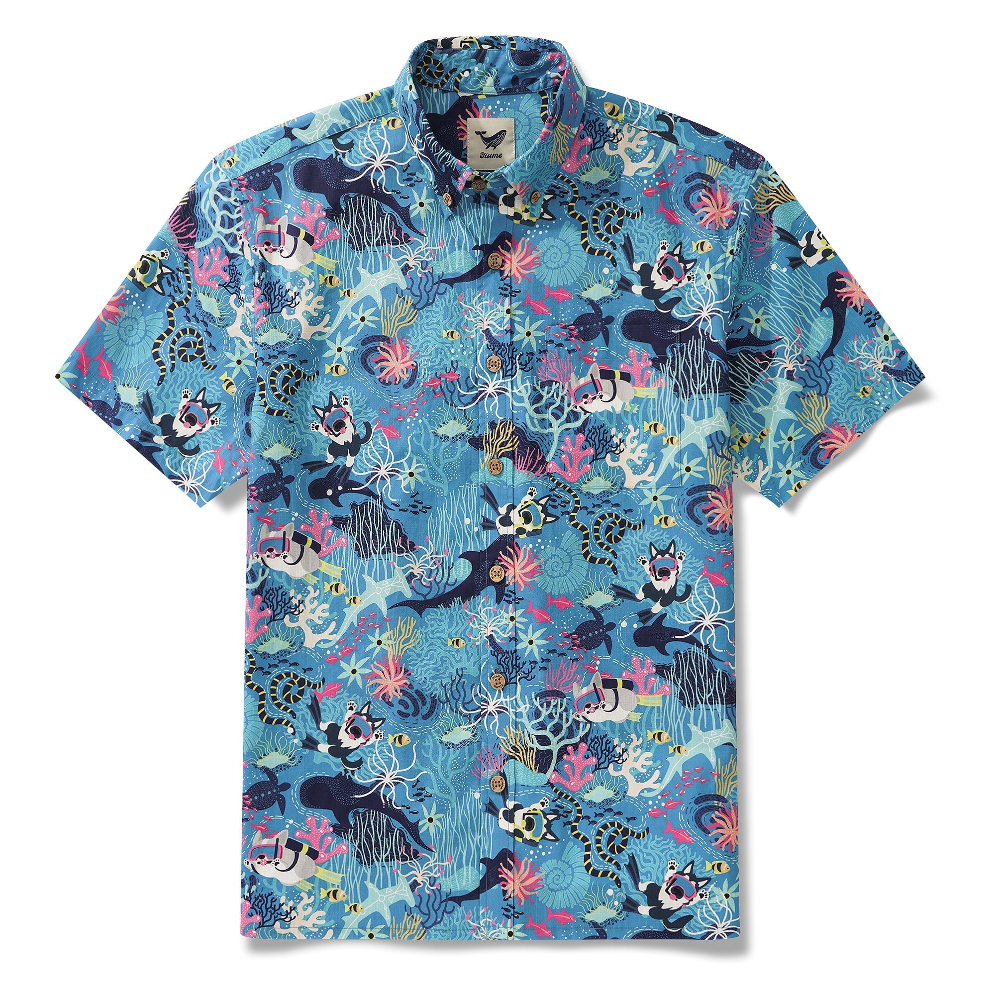 Men's Blue Hawaiian Shirt Fish & Turtle Shirt Short Sleeve Button-down 100% Cotton Blue Aloha Dive Pup By Zeke
