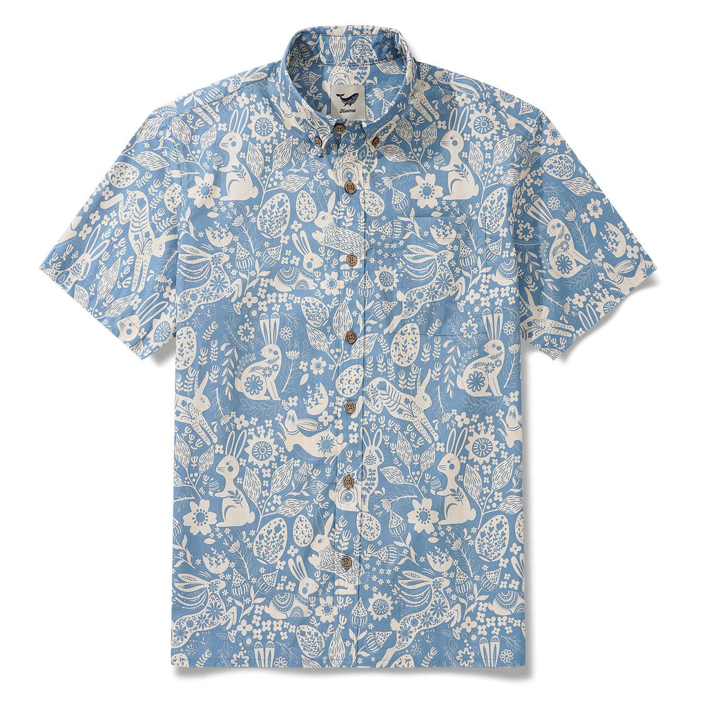 Easter Day Gift Men's Hawaiian Shirt Short Sleeve Button-down 100% Cotton Blue Aloha Spring Revival By Yana