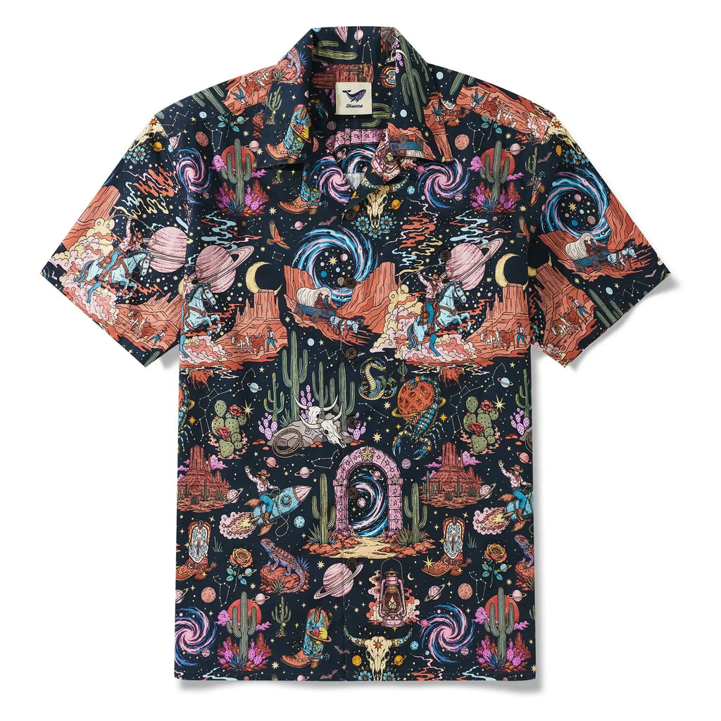 Men's Hawaiian Shirt Short Sleeve Camp Collar 100% Cotton Black Aloha Western Stardust - Black By Mo