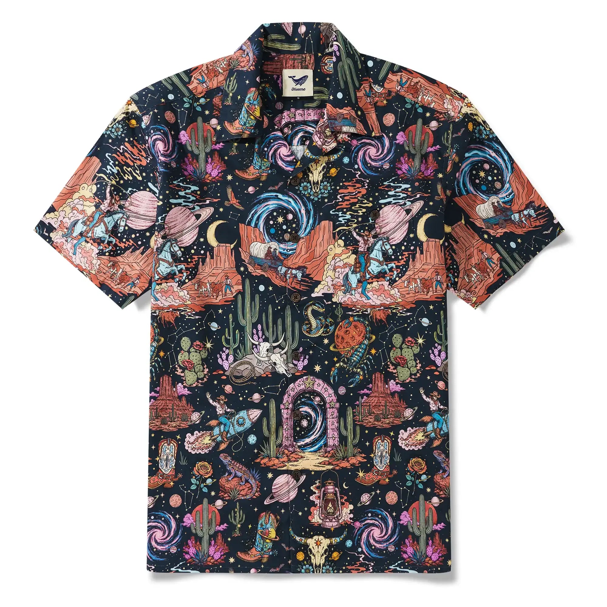 Men's Hawaiian Shirt Short Sleeve Camp Collar 100% Cotton Black Aloha Western Stardust - Black By Mo