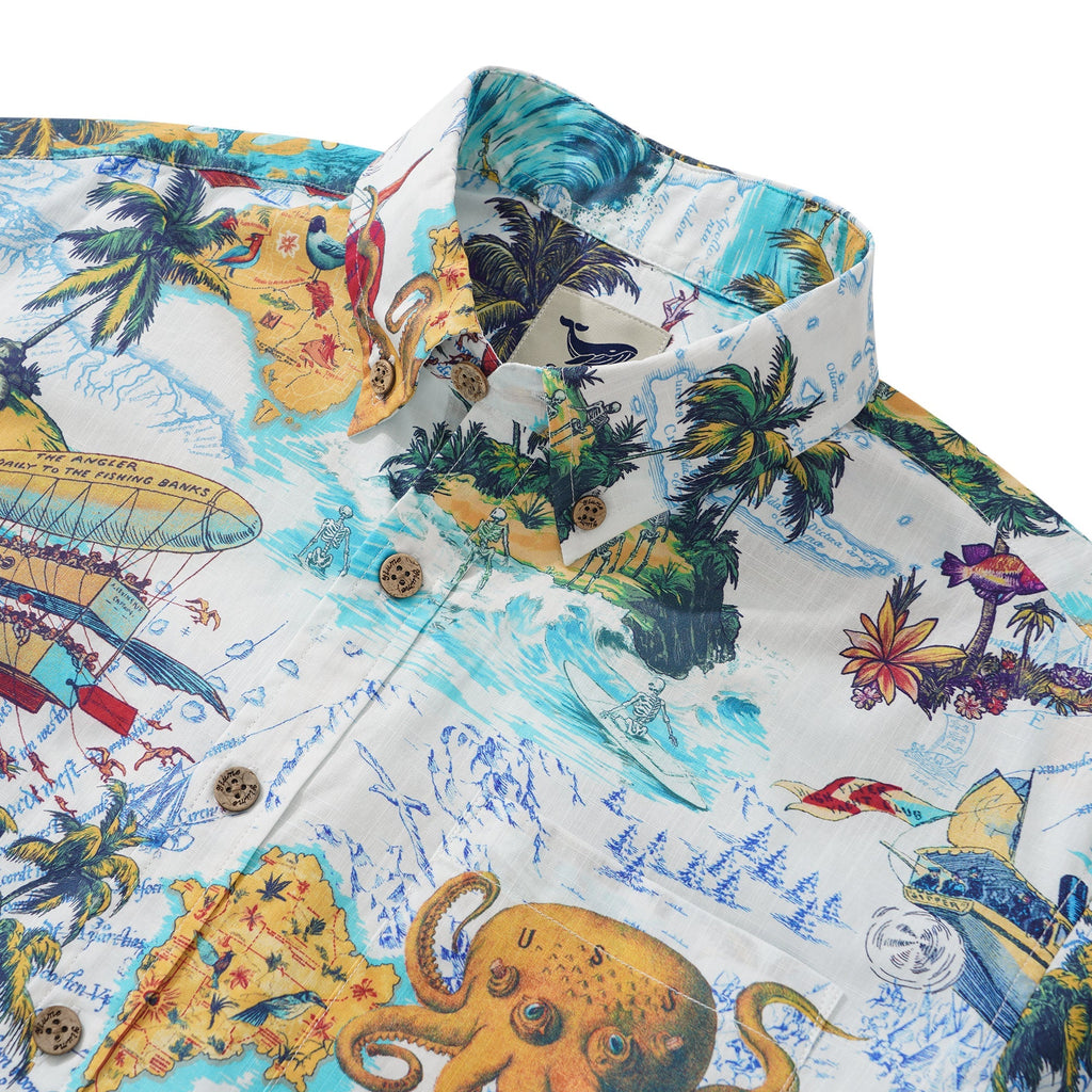 Men's Hawaiian Shirt Short Sleeve Button-down 100% Cotton Blue Aloha Ocean Dreamer By DUDU