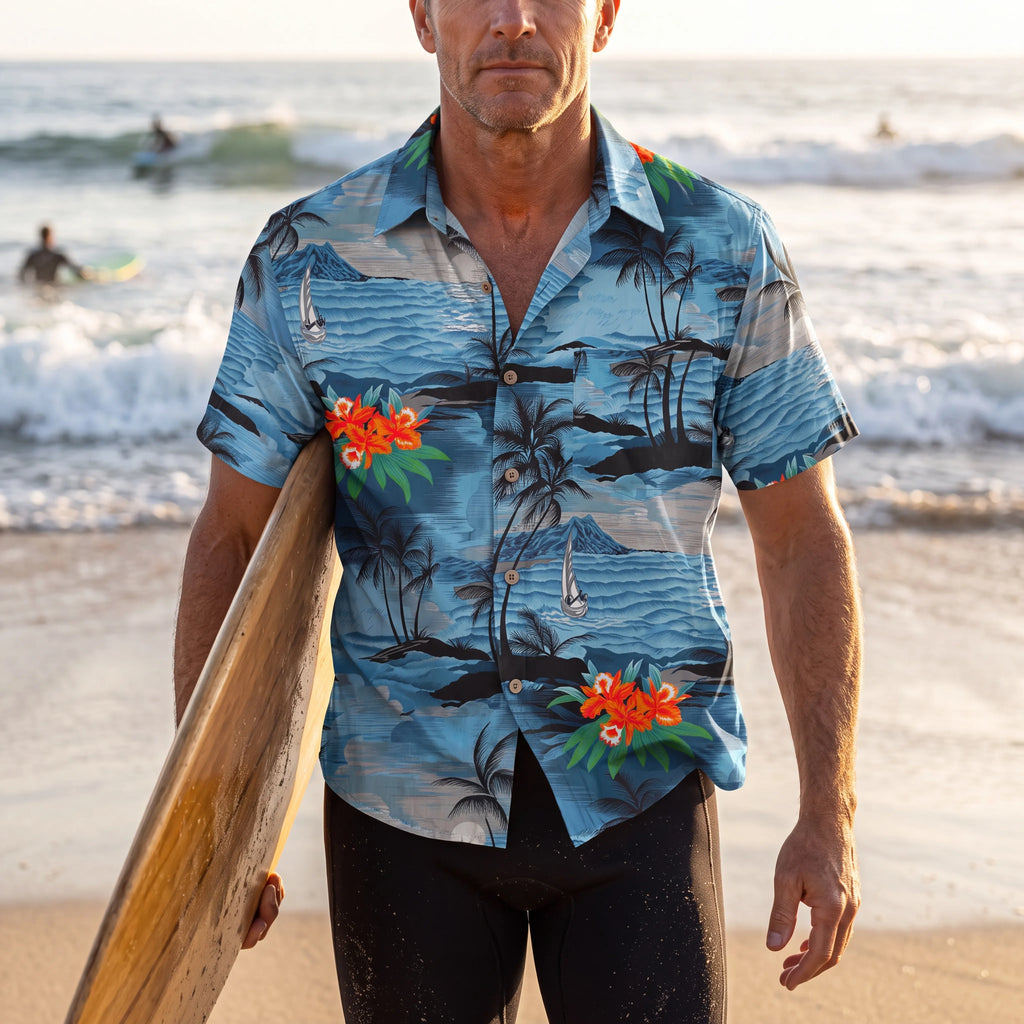 LeosWare® Men's Hawaiian Shirt Short Sleeve Button-up 100% Cotton Blue Aloha Blue-tinged Island Moonlit Night By Ann