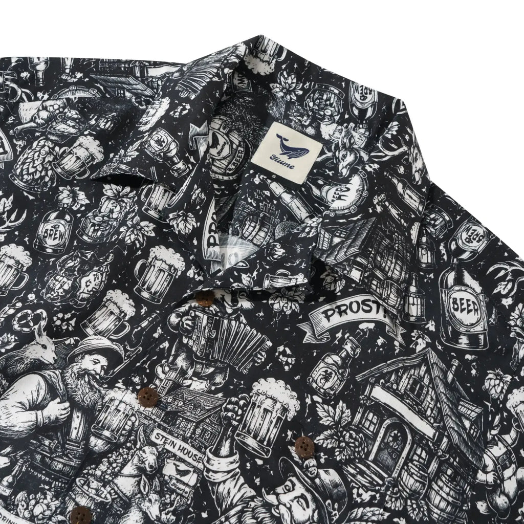 Men's Hawaiian Shirt Short Sleeve Camp Collar 100% Cotton Black Aloha Tavern Revelry Night By DUDU