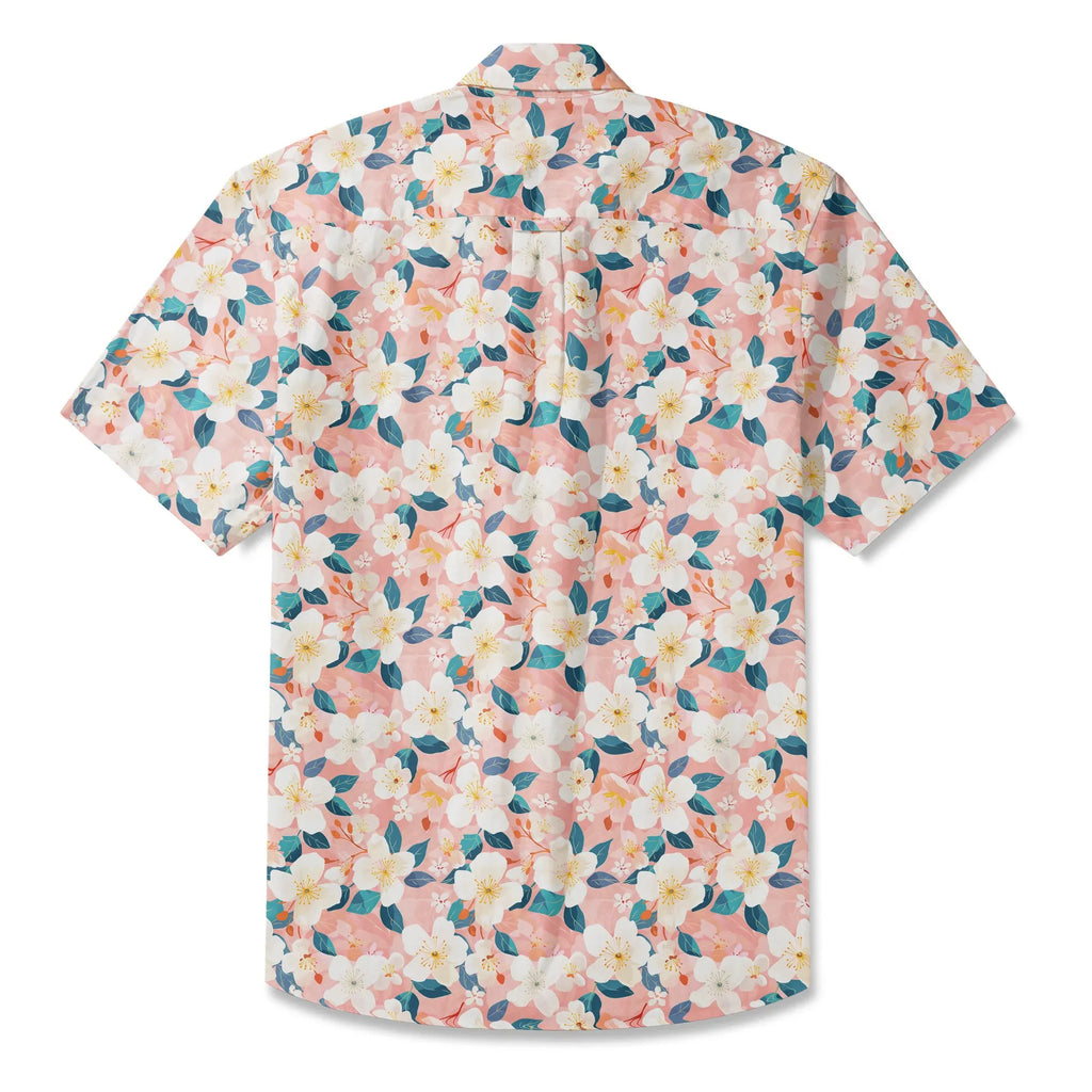 LeosWare® Men's Hawaiian Shirt Short Sleeve Button-up 100% Cotton Aloha Cherry Blossom Spring Delight By Ann