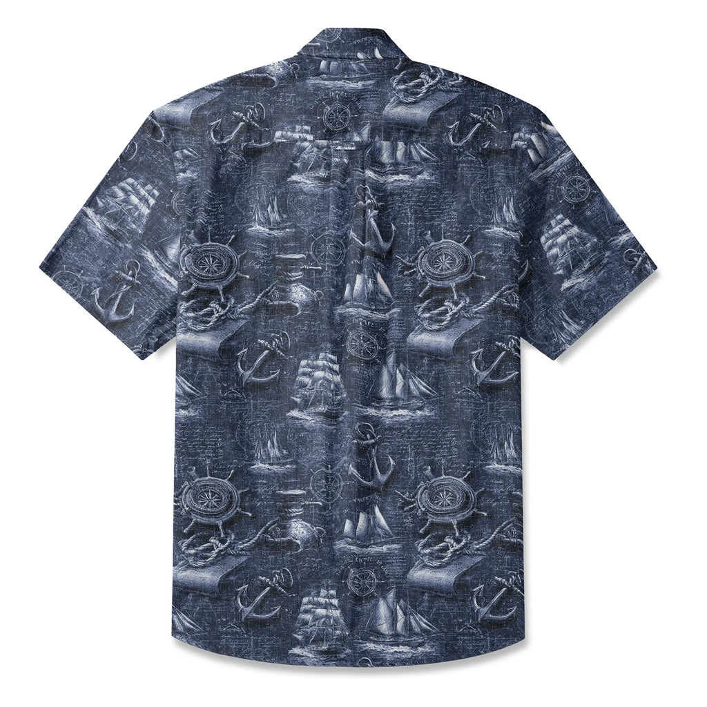 LeosWare® Men's Hawaiian Shirt Short Sleeve Button-up 100% Cotton Blue Aloha Retro Nautical Logbook By Ann