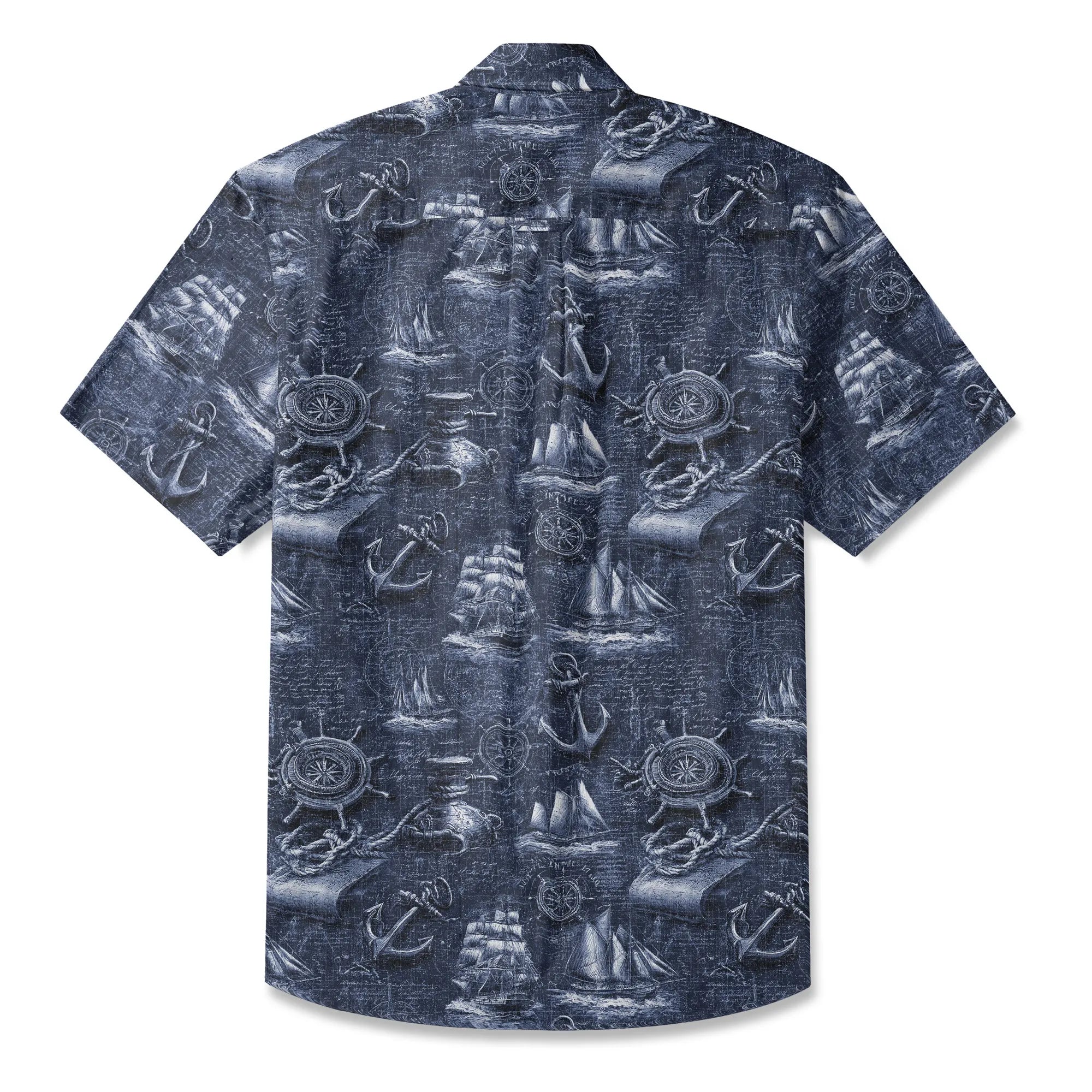 LeosWare® Men's Hawaiian Shirt Short Sleeve Button-up 100% Cotton Blue Aloha Retro Nautical Logbook By Ann
