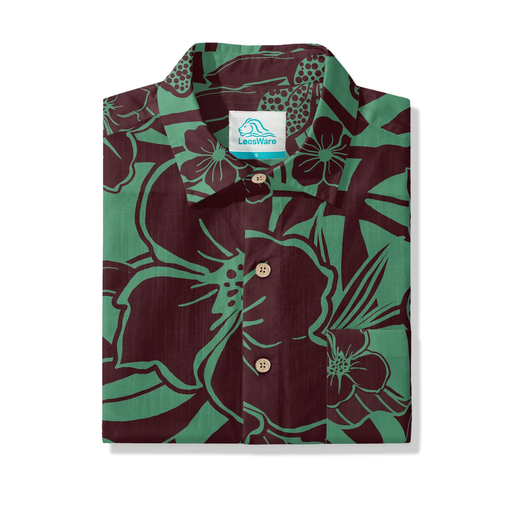 LeosWare® Men's Hawaiian Shirt Short Sleeve Button-up 100% Cotton Green Aloha Impression Of Tropical Plants By Huan huan