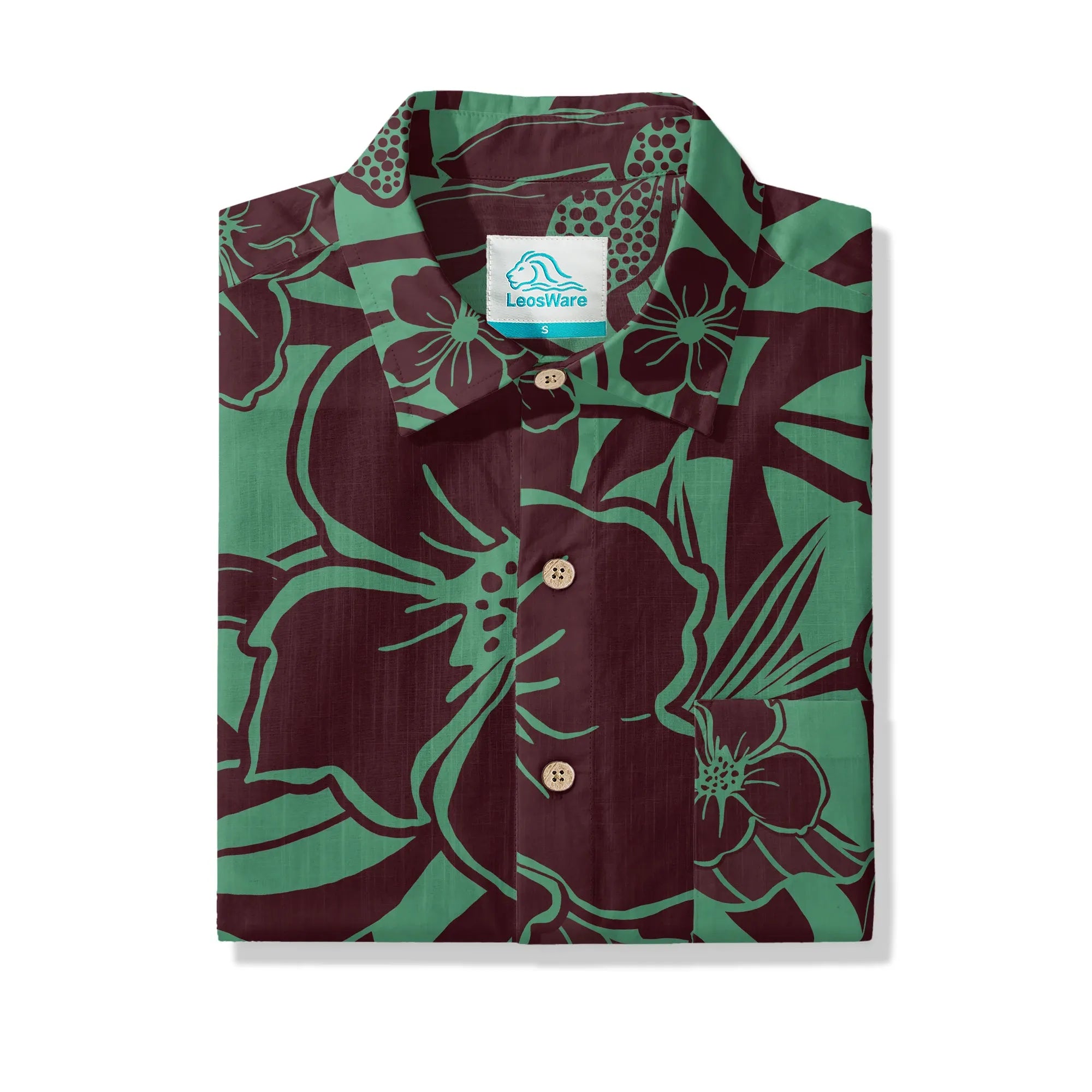 LeosWare® Men's Hawaiian Shirt Short Sleeve Button-up 100% Cotton Green Aloha Impression Of Tropical Plants By Huan huan