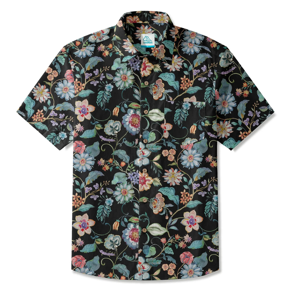 LeosWare® Men's Hawaiian Shirt Short Sleeve Button-up 100% Cotton Blue Aloha Black Garden Splendor By Huan huan