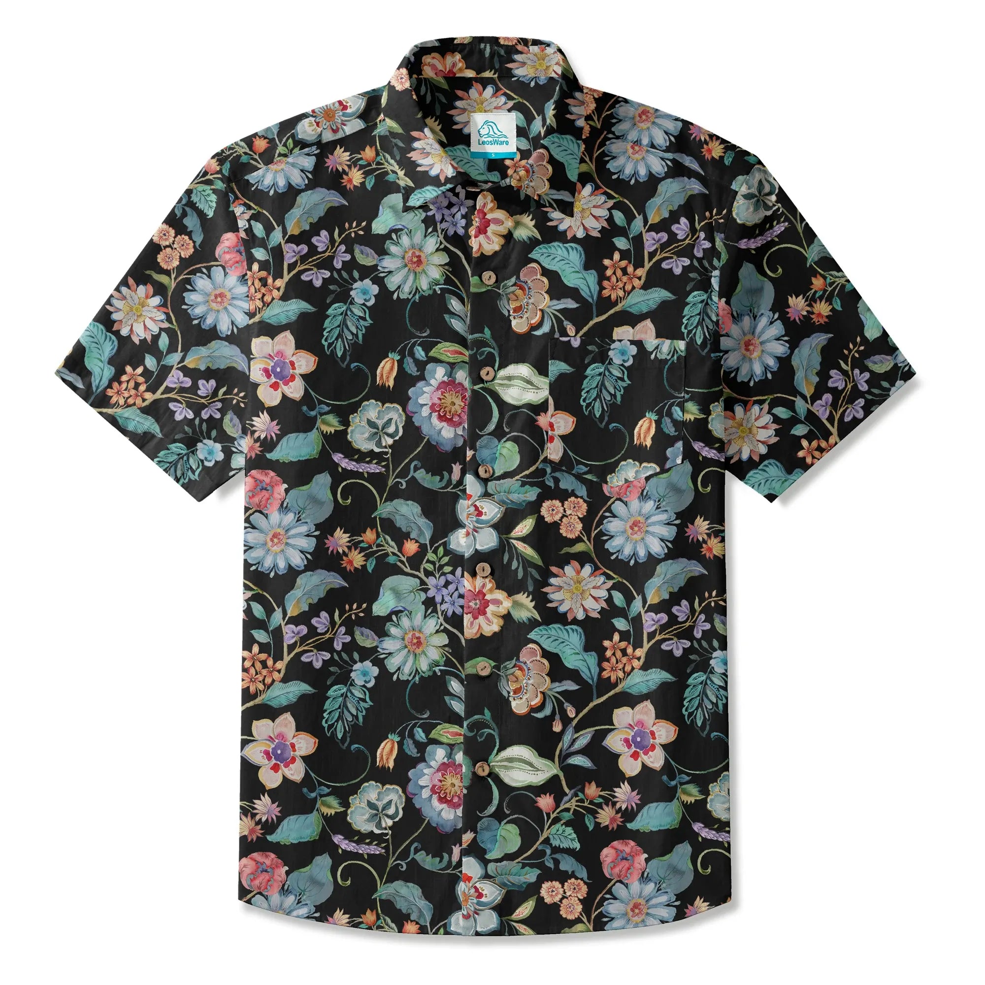 LeosWare® Men's Hawaiian Shirt Short Sleeve Button-up 100% Cotton Blue Aloha Black Garden Splendor By Huan huan
