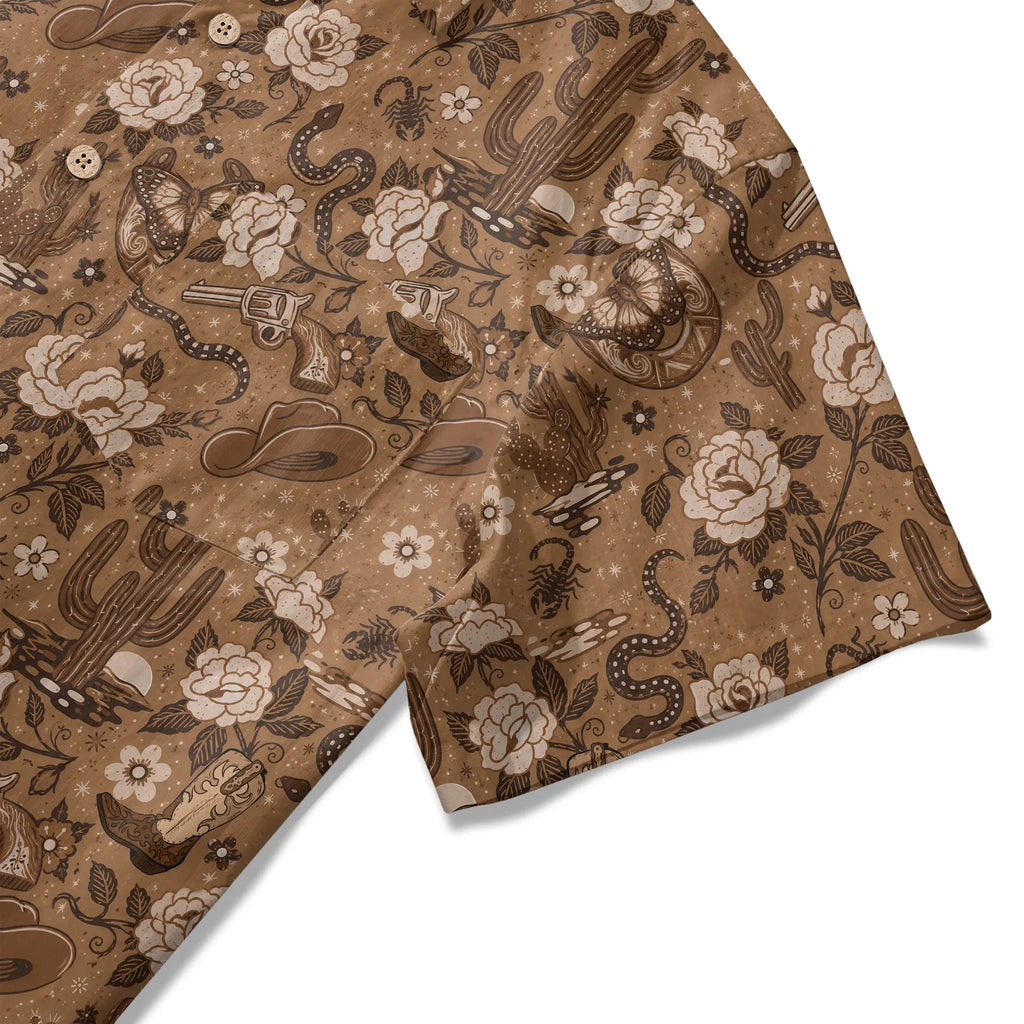 LeosWare® Men's Hawaiian Shirt Short Sleeve Button-up 100% Cotton Brown Aloha Wild West Desert Bloom By Huan Huan