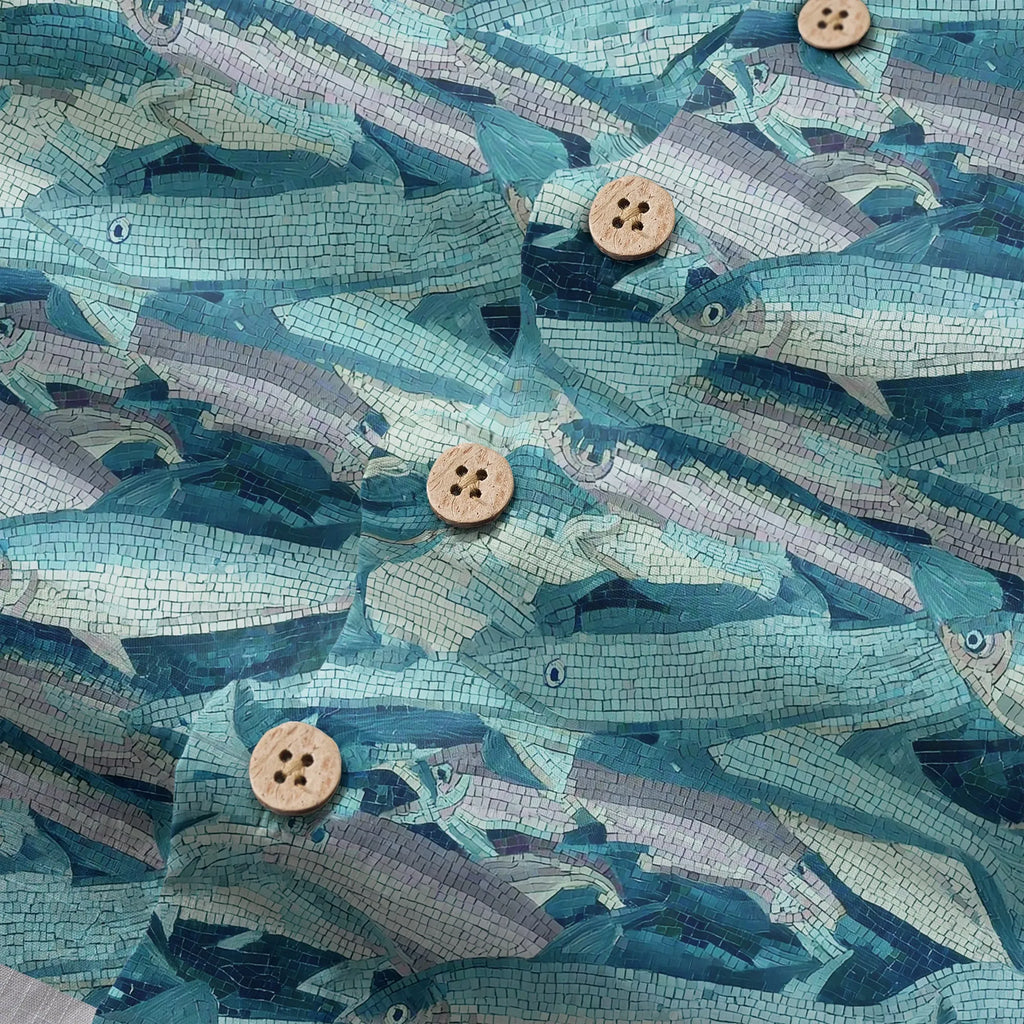 LeosWare® Men's Hawaiian Shirt Short Sleeve Button-up 100% Cotton Blue Aloha Mosaic Of Blue School Of Fish By Ann