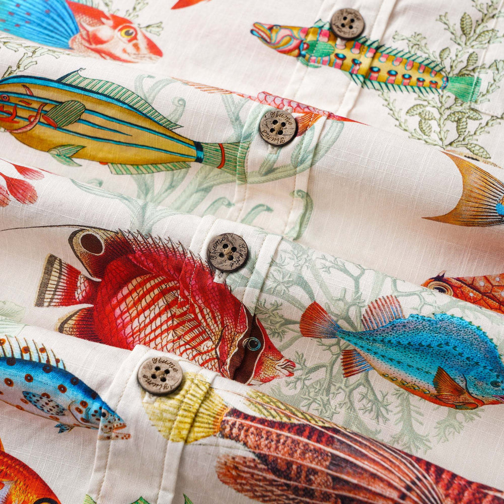 Yiume Men's Tropical Fish Shirt 100% Cotton Hawaiian Shirt Short Sleeve Button-down Beige Aloha Shirt Symphony Of The Sea By Yana