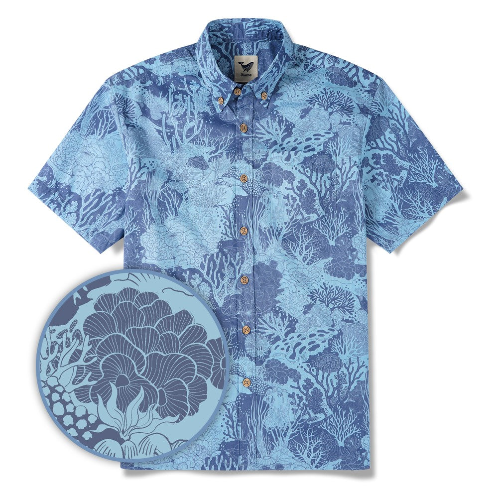 Men's Hawaiian Shirt Short Sleeve Button-down 100% Cotton Blue Aloha Undersea Coral Reef By Zeke