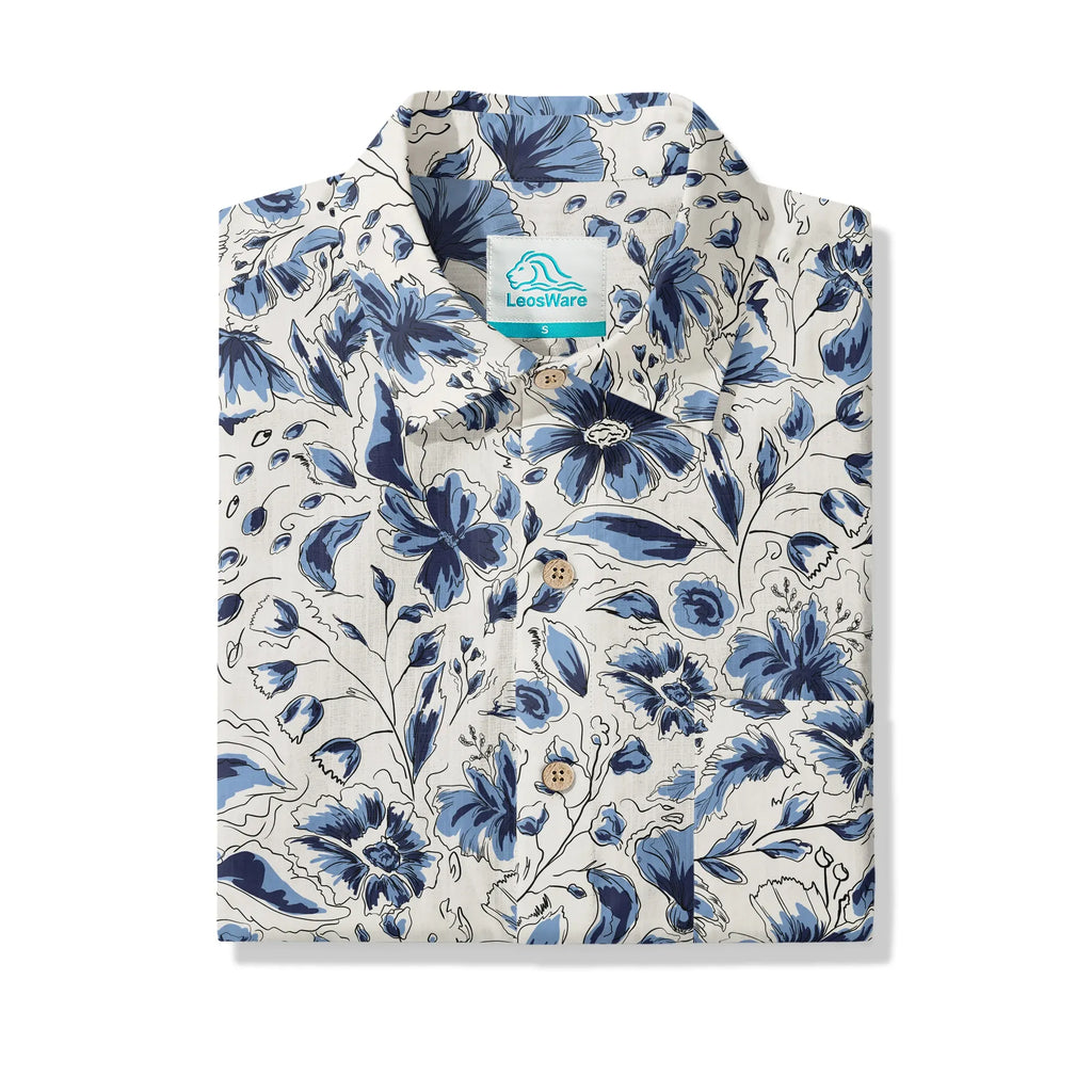 LeosWare® Men's Hawaiian Shirt Short Sleeve Button-up 100% Cotton Blue Aloha Indigo Blooms By Huan huan