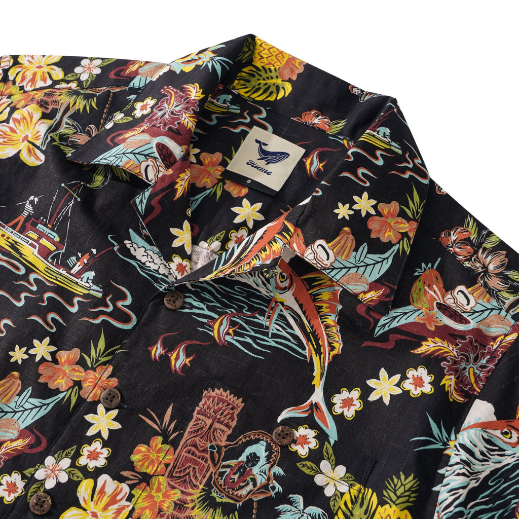 Tiki Men's Vintage Hawaiian Shirt Black Tiki Shirt Short Sleeve Camp Collar 100% Cotton Aloha Shirt Vintage Aloha By Sun