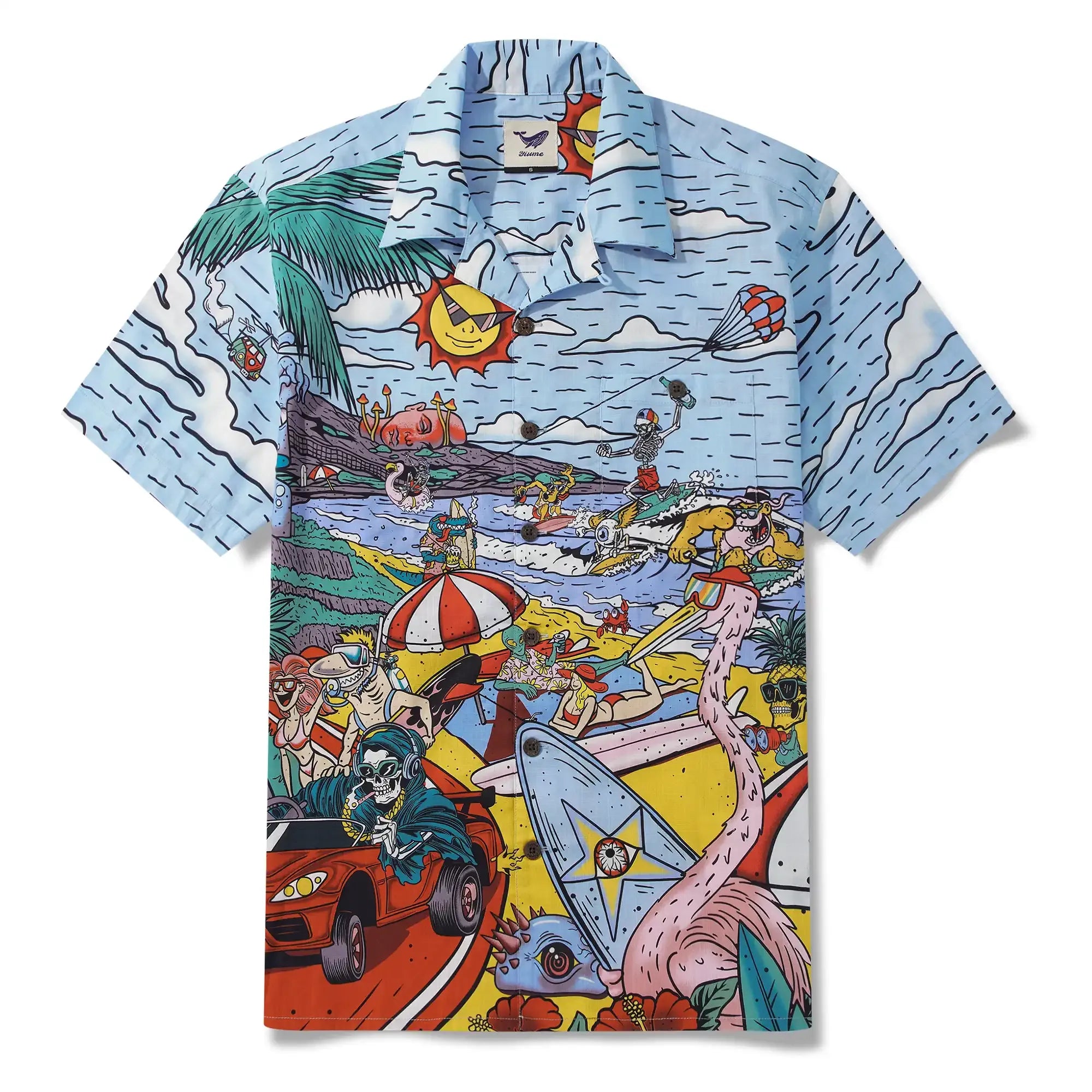 Alien Flamingo Men's Hawaiian Shirt Short Sleeve Camp Collar 100% Cotton Blue Beach Surfing Party Aloha Cosmic Coast Chaos By Huan huan