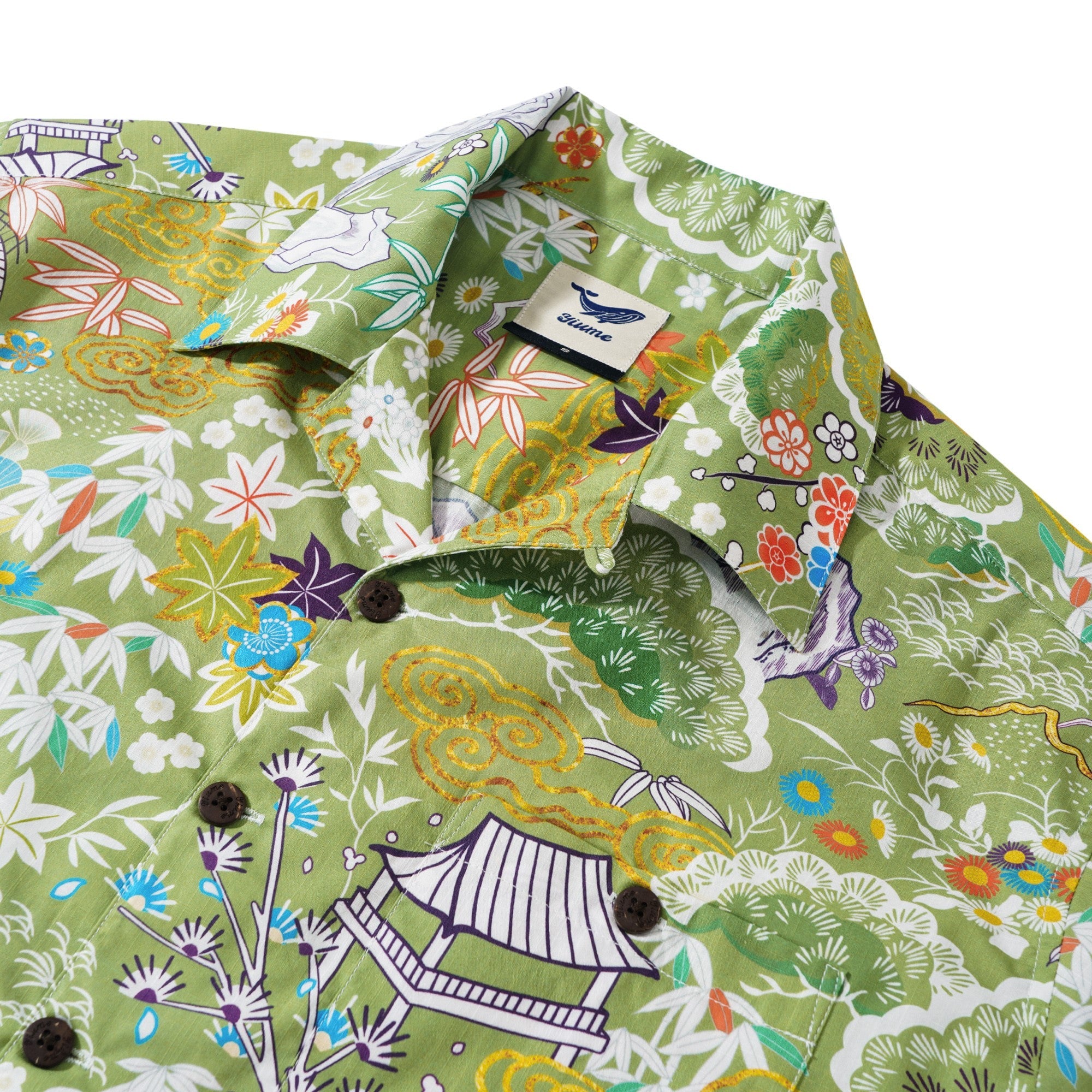Men's Hawaiian Shirt Short Sleeve Camp Collar 100% Cotton Aloha Enchanting Jade Wilderness By Sylvia