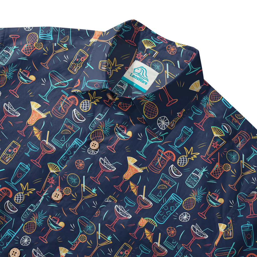 LeosWare® Men's Hawaiian Shirt Short Sleeve Button-up 100% Cotton Blue Aloha Neon Cocktail Night By Ann