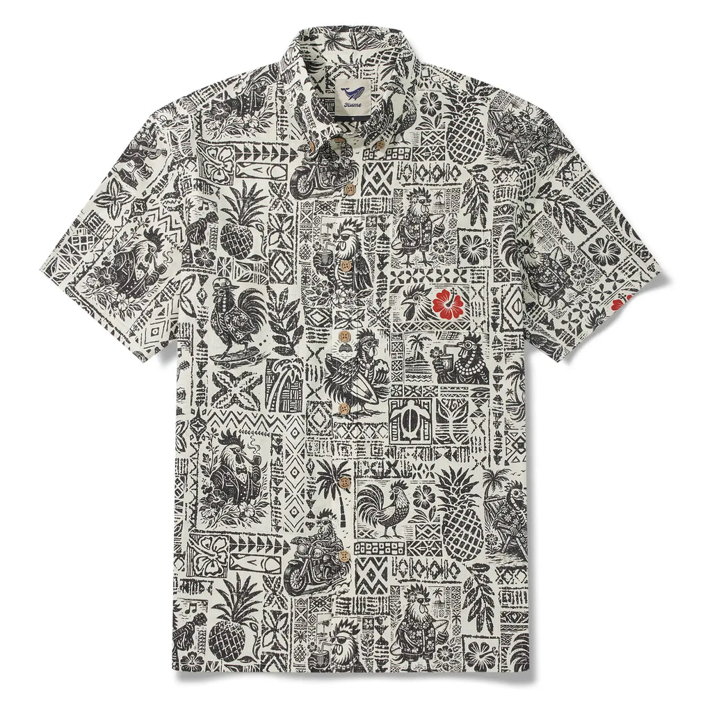 Men's Hawaiian Shirt Short Sleeve Button-down 100% Cotton Black Rooster Aloha The Bone Voyage By Cigar