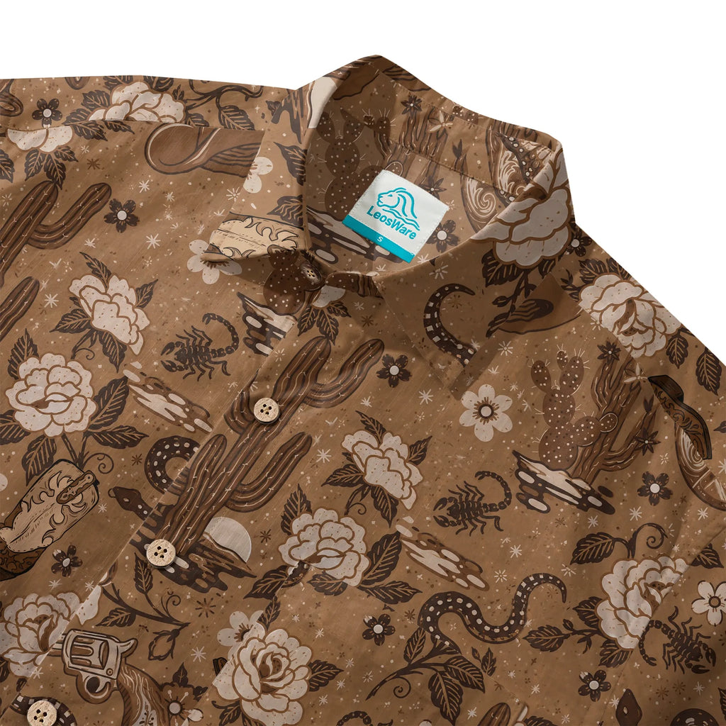 LeosWare® Men's Hawaiian Shirt Short Sleeve Button-up 100% Cotton Brown Aloha Wild West Desert Bloom By Huan Huan